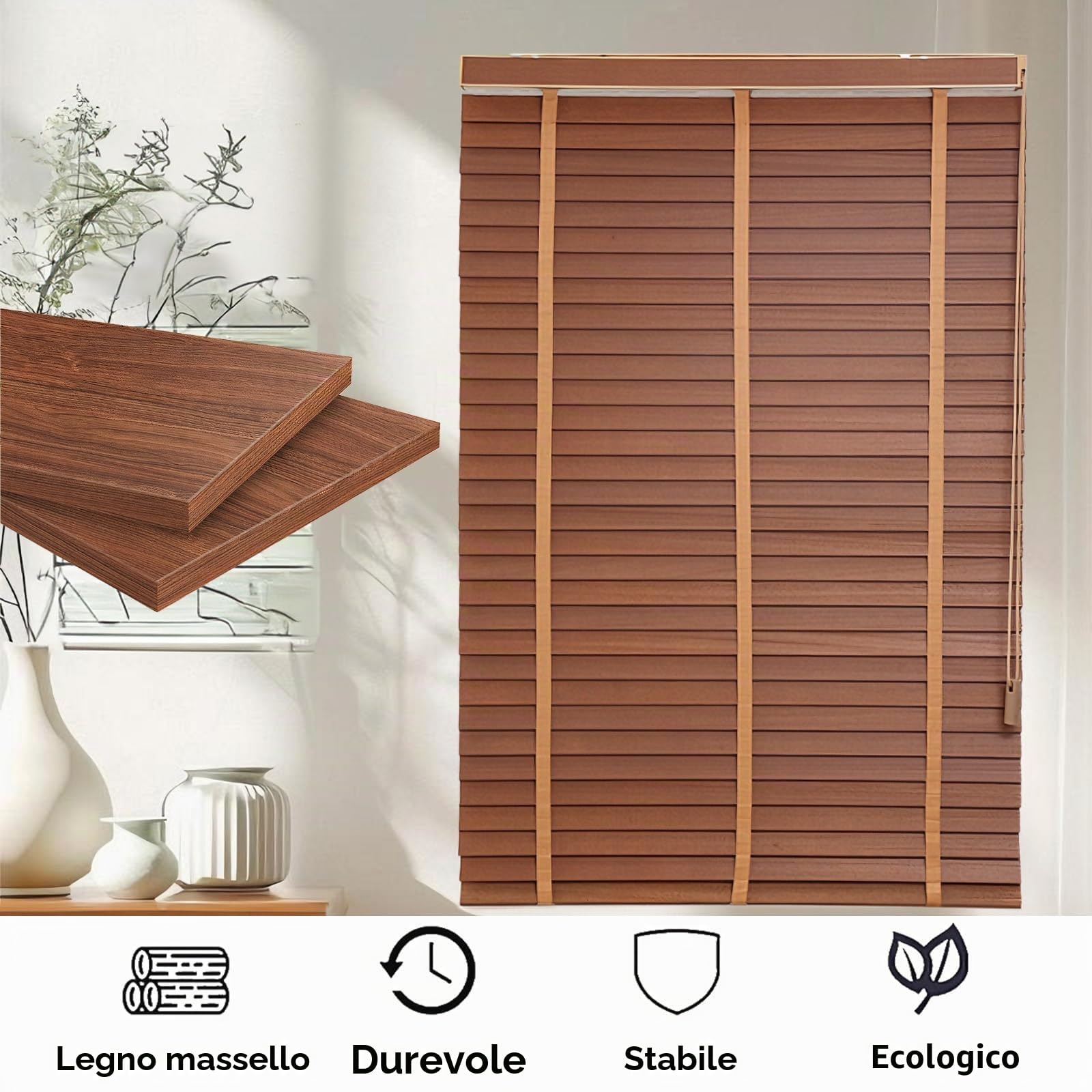Tende Veneziane In Legno Con Lamelle Da 5 Cm, Misura Personalizzabile 30 Cm–180 Cm L X 60 Cm–200 Cm A, Tende Orizzontali Senza Fili Per Oscuramento E Oscurità, Installazione Facile Interno/esterno