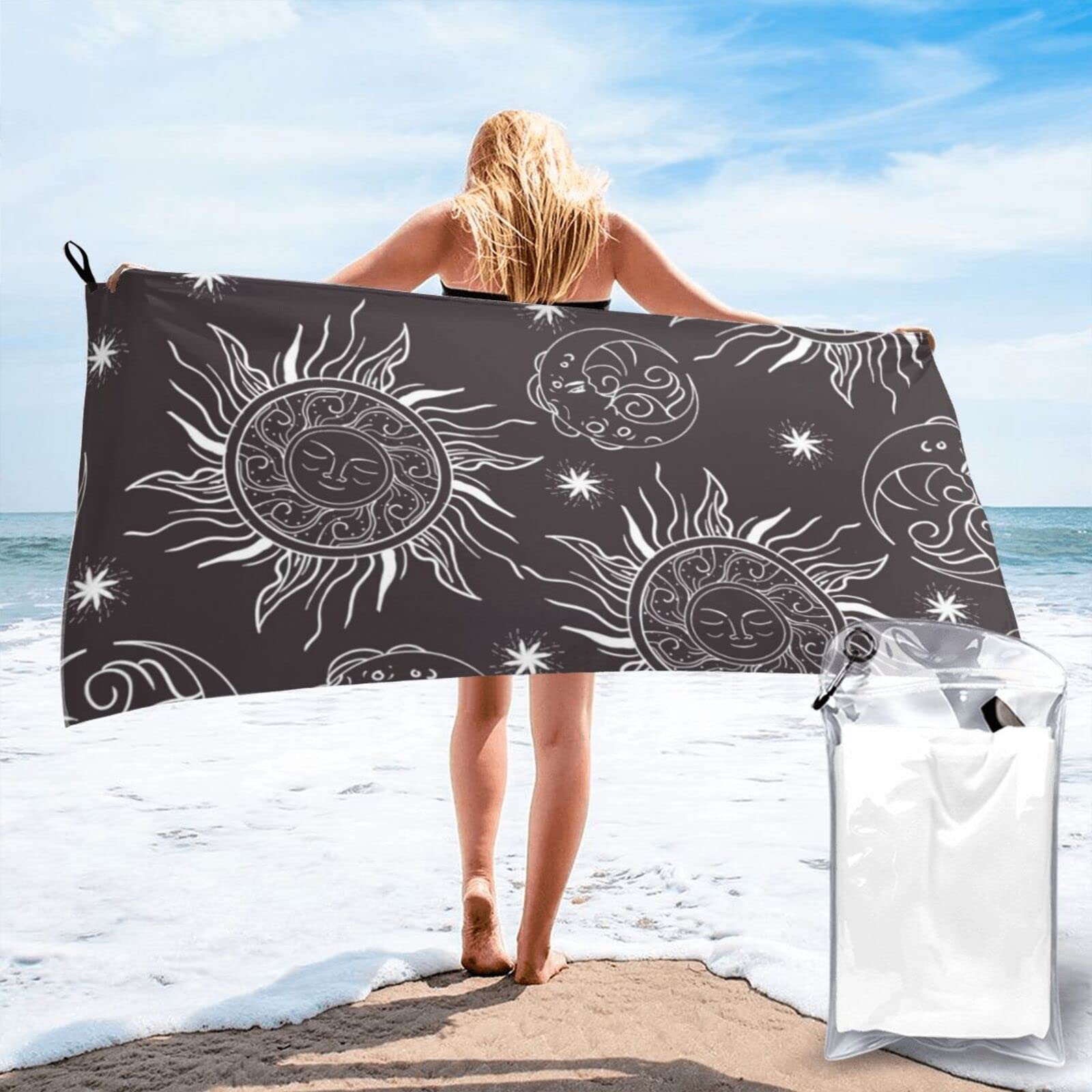 Lawenp Sun with Moon Microfiber Beach Towel Adults Large Quick Drying Bath Towel Travel Towels with Pouch 27.5"x55"
