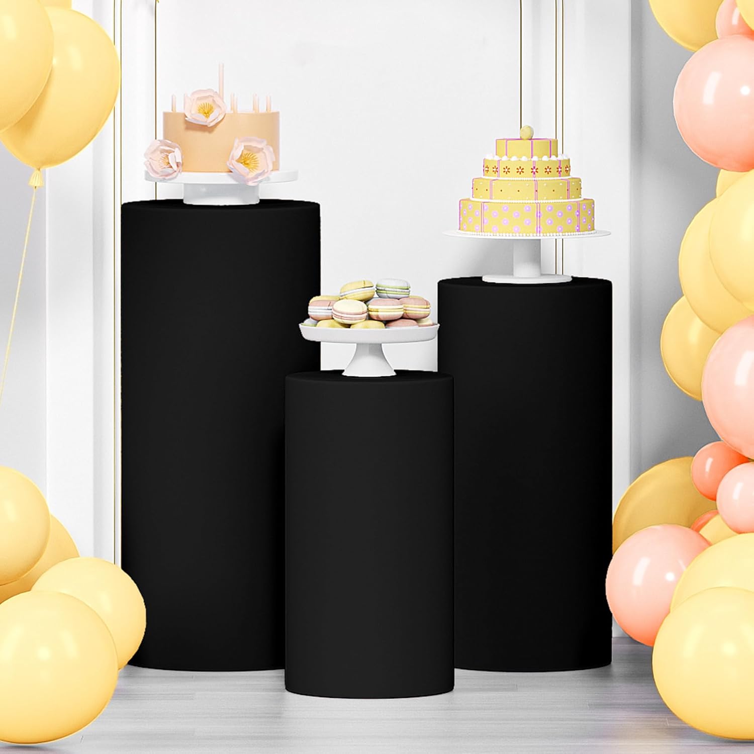 LEBENGURU 3Pcs Cylinder Pedestal Stand Covers Black, Round Spandex Display Pedestal Covers, Elastic Cloth Plinth Pillar Cover for Parties Wedding Birthday Event Decor Props (Only Covers)