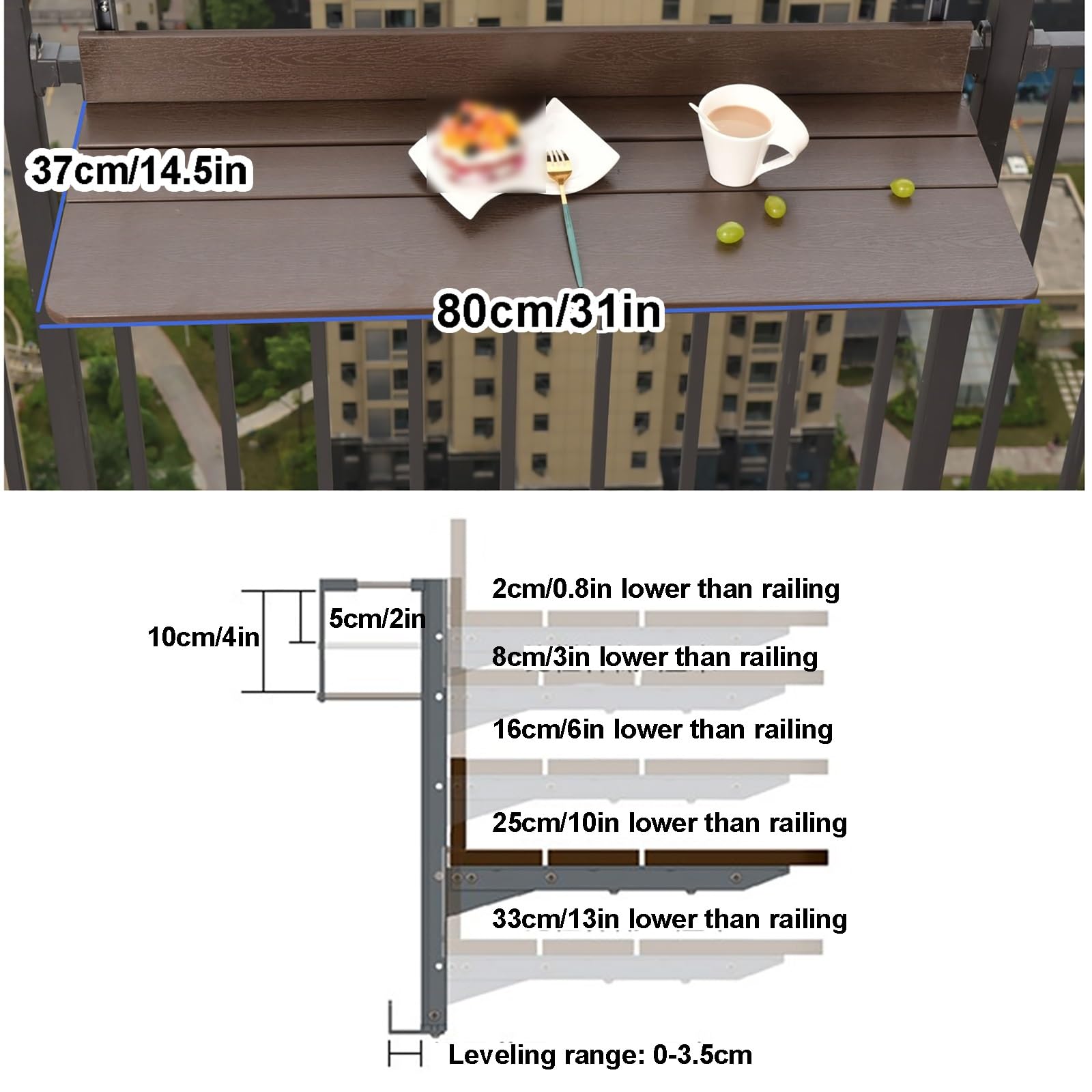 Balkon wiszący stół, regulowany, taras, składany stolik pomocniczy na zewnątrz, na werandę, ogród, balkon (80 cm)
