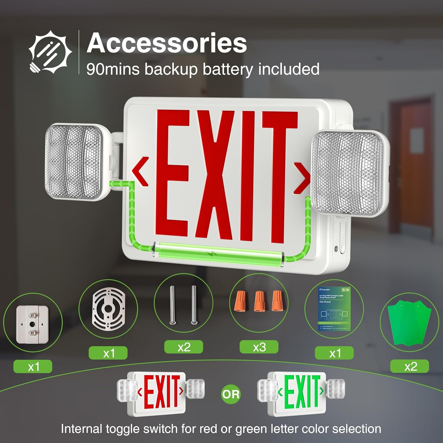 FREELICHT 2 Pack LED Exit Sign with Emergency Lights, Adjustable LED Emergency Exit Lights with Battery Backup, Easy To Install, UL Certified, AC 120/277V