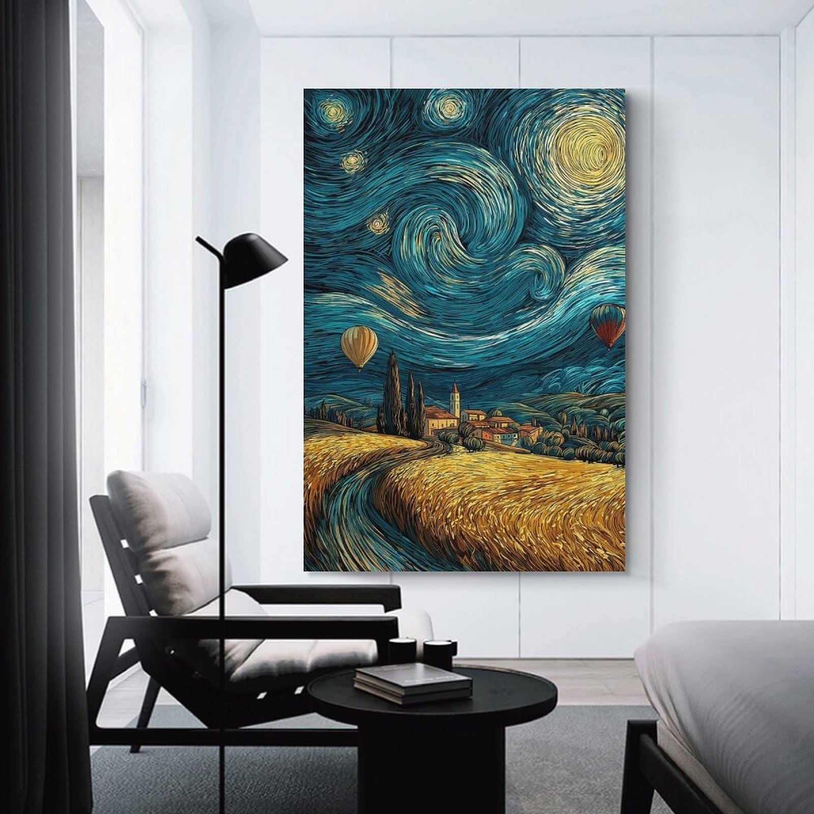 Junmoney Unframe-Style-23 Starry Night Landscape With Hot Air Balloons Canvas Wall Art 24X36inch(60X90cm), For Workspace Walls, Study Corners Or Bedrooms, Wall Art That Adds Style To Work Areas