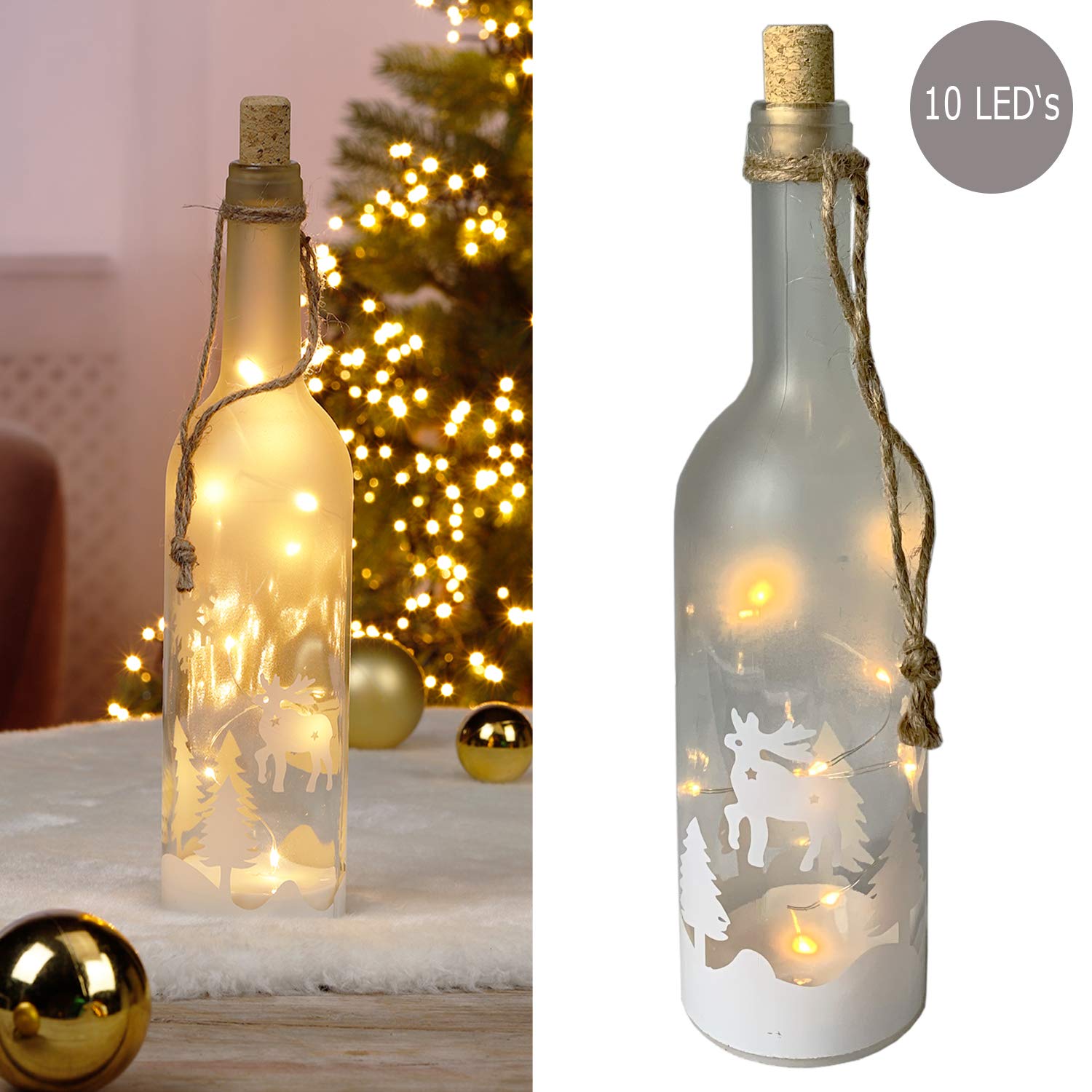 GmbH LICHT Dekoflasche – 10 Stück, Handbemalt, LED-Beleuchtung, Winterlandschaft, 37 Cm