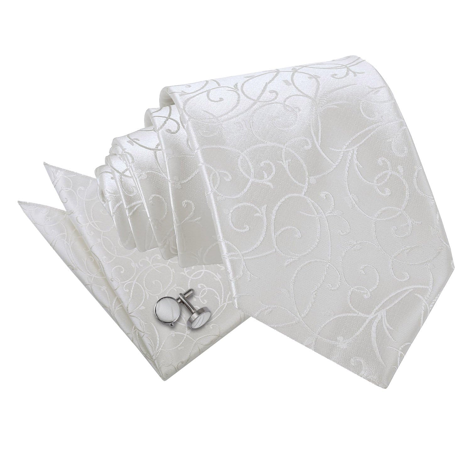 Dqt Men's Ivory Swirl Floral Jacquard Tie, Pocket Square & Cufflinks Set (3Pc) - Wedding, Business & Formal