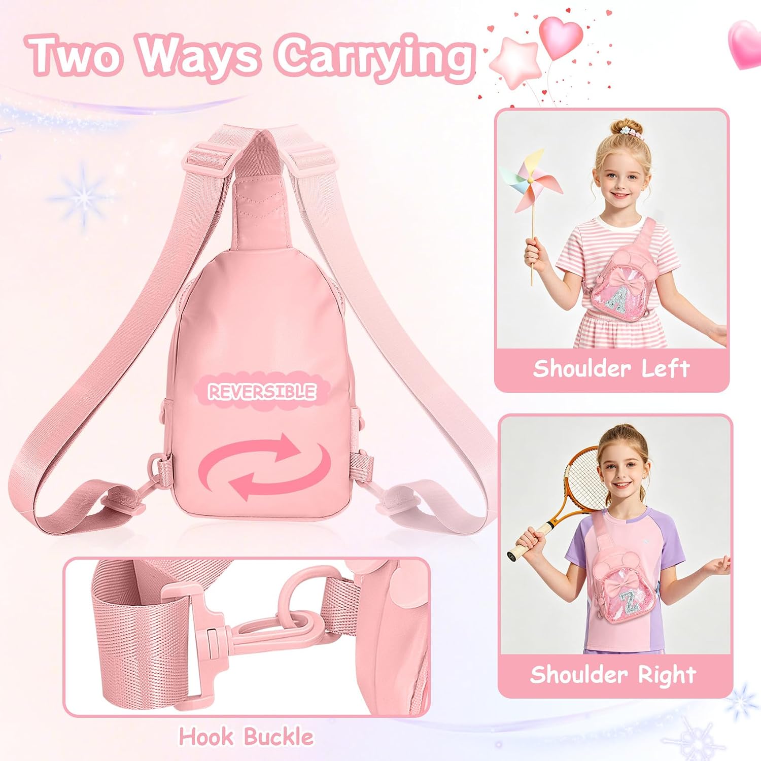 Glitter Initial Purse for Girls with Adjustable Strap 24"-41", Trendy Stuff Birthday Gift for 4-12-year-old Girls, Personalized PU Leather Crossbody Sling Bag for Kids Pink with Letter A