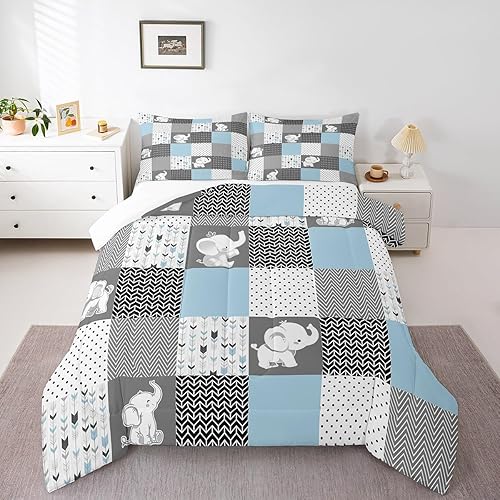 Lindo edredón de elefante para niños y niñas, juego de edredón de cuadrícula azul, tamaño matrimonial, decoración del hogar, suave y encantador,