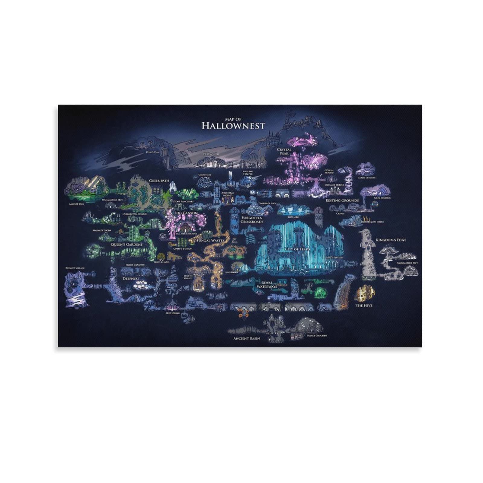 AQORD Game Hollow Posters Knight Map Of Hallownest Canvas Hanging Pictures Wall Art Decorative Poster 16x24inch(40x60cm)