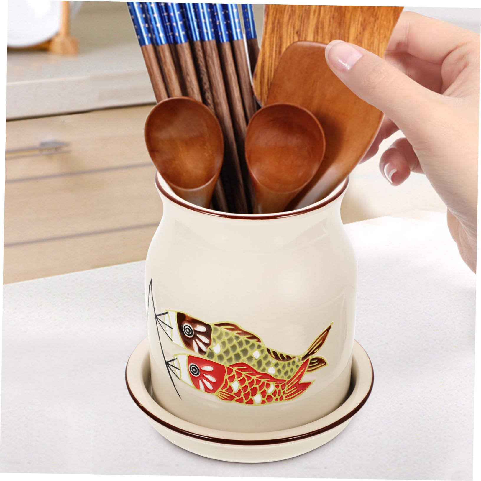 Amosfun Keramik Beige Abtropflöchern Besteckhalter für Küchentisch