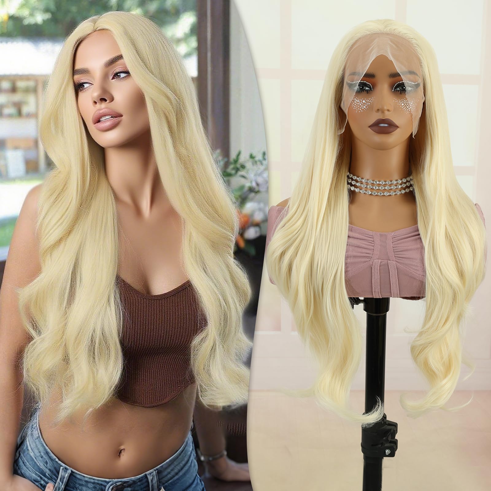 PHOCAS Long Curly 613 Blonde Lace Front Wig 28 Inch Body Wave Synthetic Lace Front Wig Pre Plucked 13x3 Skin Like HD Lace-Frontal Wigs for Women