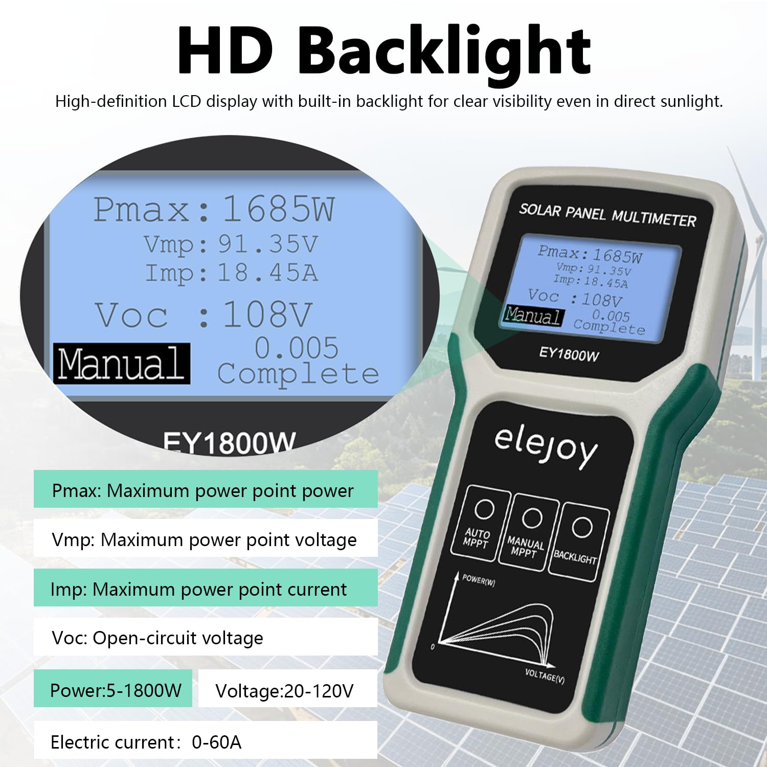 Pannello solare MPPT, 1800 W, pannello fotovoltaico, multimetro con display LCD, tensione a vuoto intelligente e test dei dati per test solari PV, non superiore a DC 20-120 V, 60 A