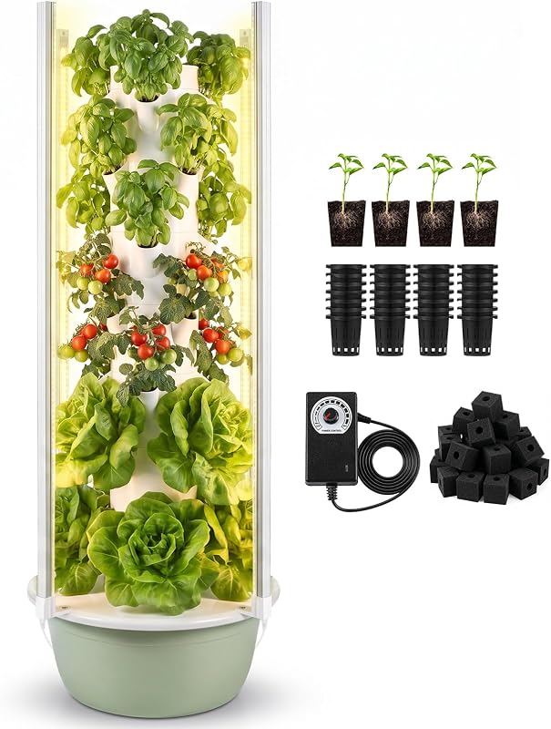 BAOSHISHAN Torre de cultivo hidropónico con luz de crecimiento LED, 7 niveles 28 cápsulas | Sistema de cultivo hidropónico vertical de espectro completo, con tanque de agua de 30 l, apto para principiantes, ideal para lechuga, hierbas y verduras