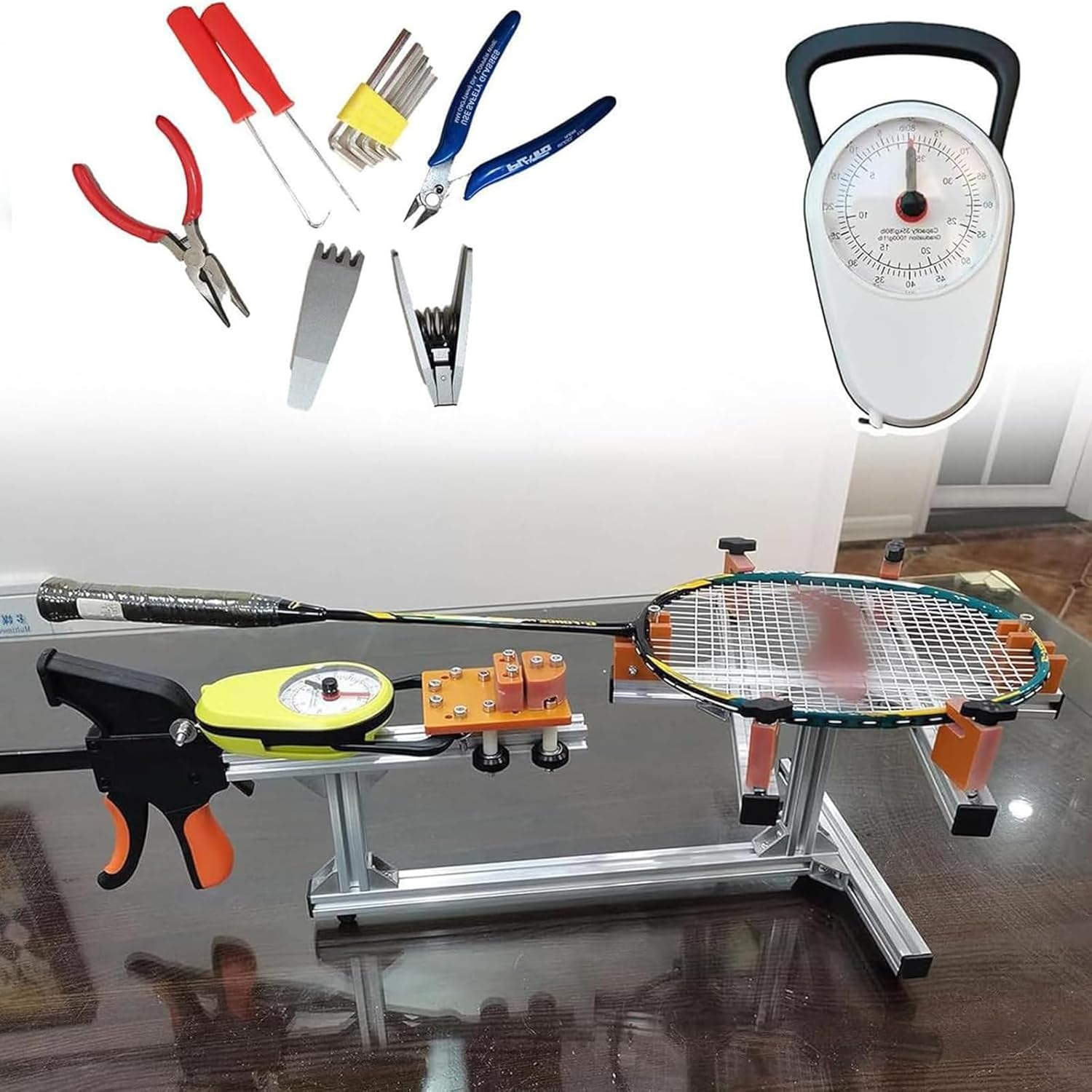 Badminton Racket Stringing Machine, DIY Racket Frame Threading Machine, Flat Pull Type Threading Machine, 6-point Fixed 60lb Wire Stretcher Aluminum Alloy, for DIY Badminton Rackets, Squash, Tennis