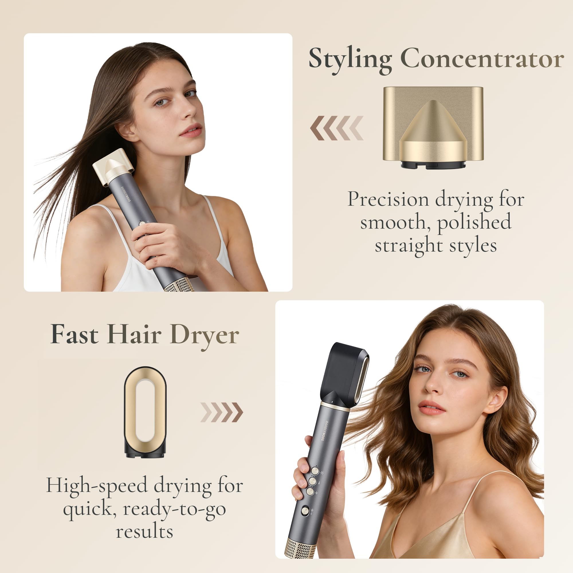 BarberBoss todo en uno Secador de aire caliente, profesional, rápido, antifrizz, con tecnología de iones negativos, volumen, rizador, herramienta de peinado de alta velocidad, QR-8820