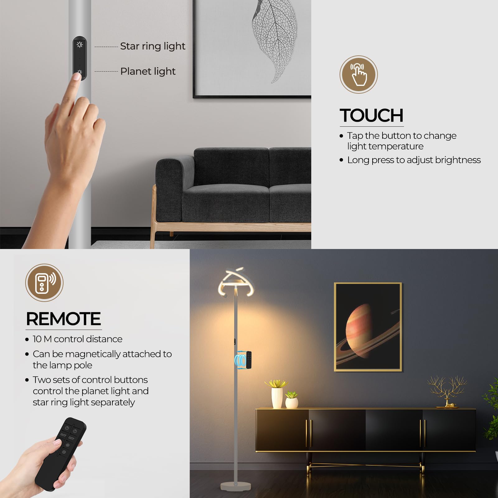 FIMEI Lampade da Terra, Piantana Saturno, Lampade salotto 3 Temperature di Colore e Oscuramento Continuo, Piantana con Telecomando e Controllo Tattile, Lampada da Moderna