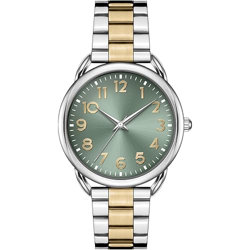 Bisley Women Watch Stainless Steel Bracelet with Magnetic Clasp Green Dial Arabic Numbers Easy to Read Watch