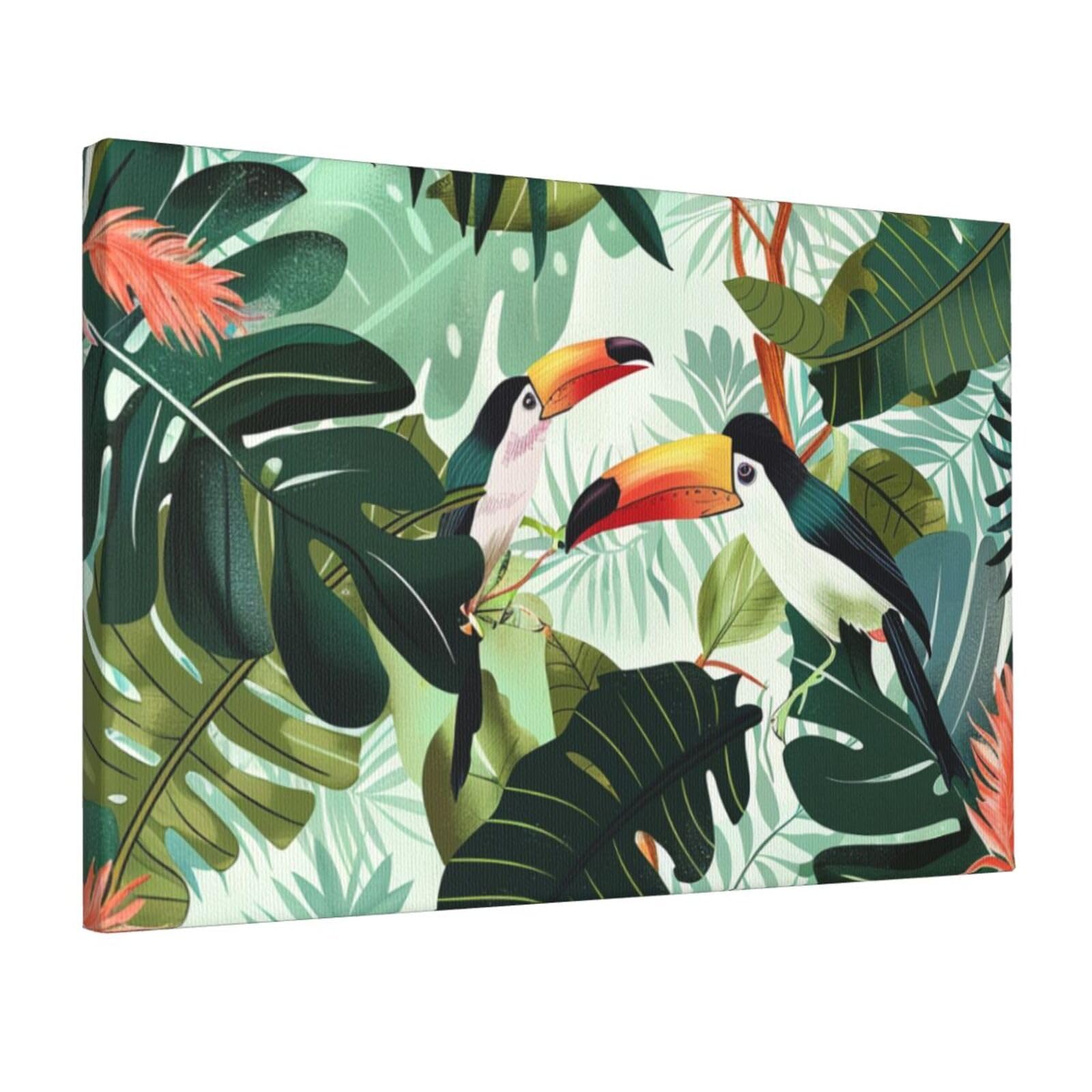 YKLJG Tropical Leaves Bird Printed Wall Art Canvas Prints 45x30 CM Wooden Framed Picture Painting Artwork for Bedroom Kitchen Home Office Decor