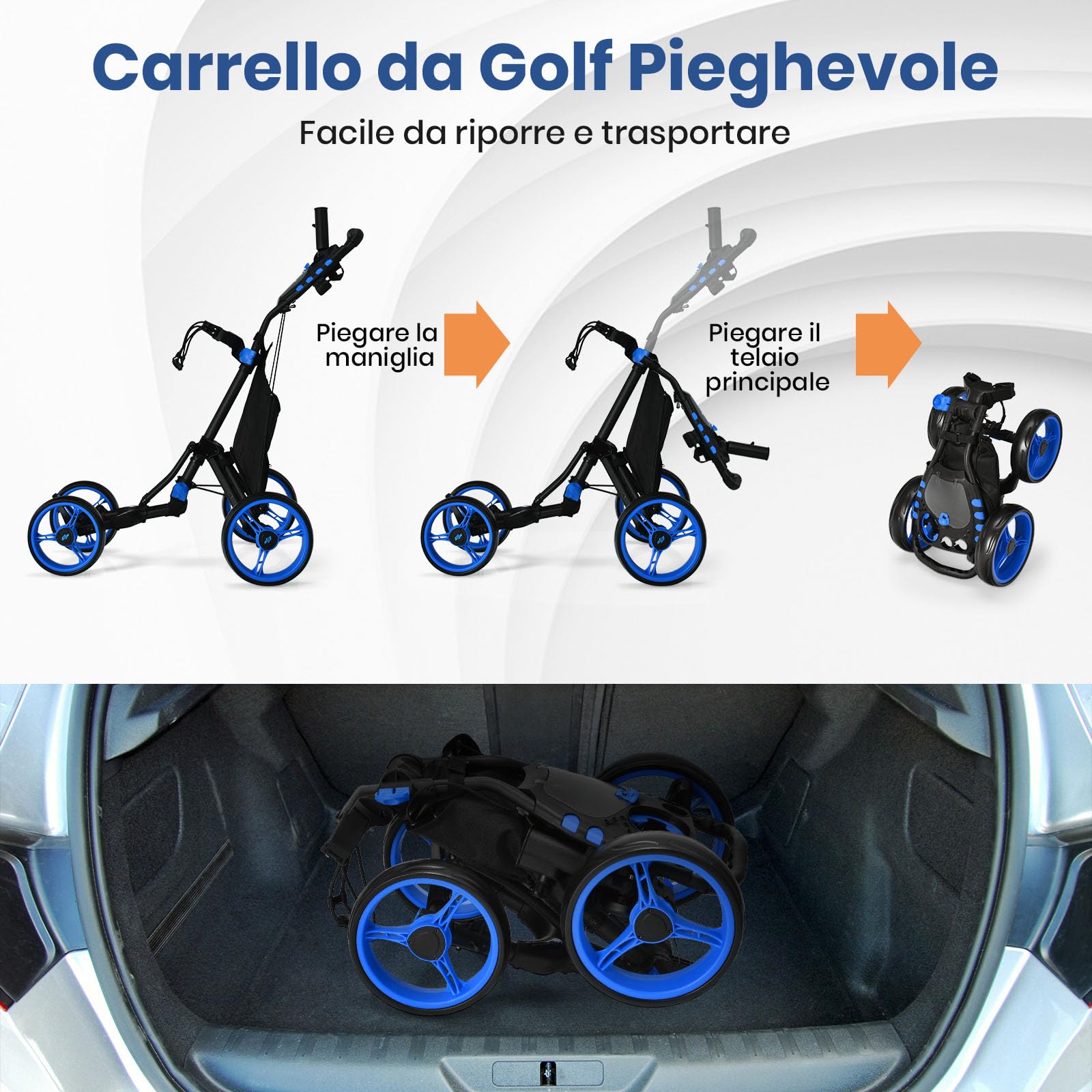 GYMAX Carrello da Golf Pieghevole a 4 Ruote, Carrello da Golf con Supporto per Segnapunti/Coppa/Ombrello, Borsa Frigo, Staffa Superiore con Cinghia Elastica, Freno a Pedale, Manico Regolabile