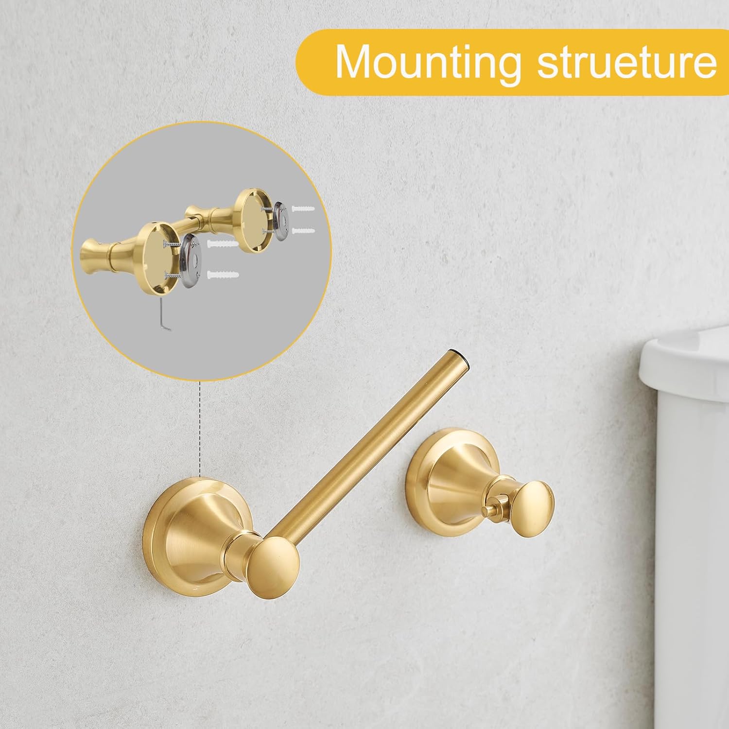 BESy Wall Mounted Toilet Paper Roll Holder Rustproof Tissue Paper Holder Bathroom Flexible Pivoting Tissue Handle Toilet Tissue Roll Holder, Brushed Gold, Stainless Steel - Image 7