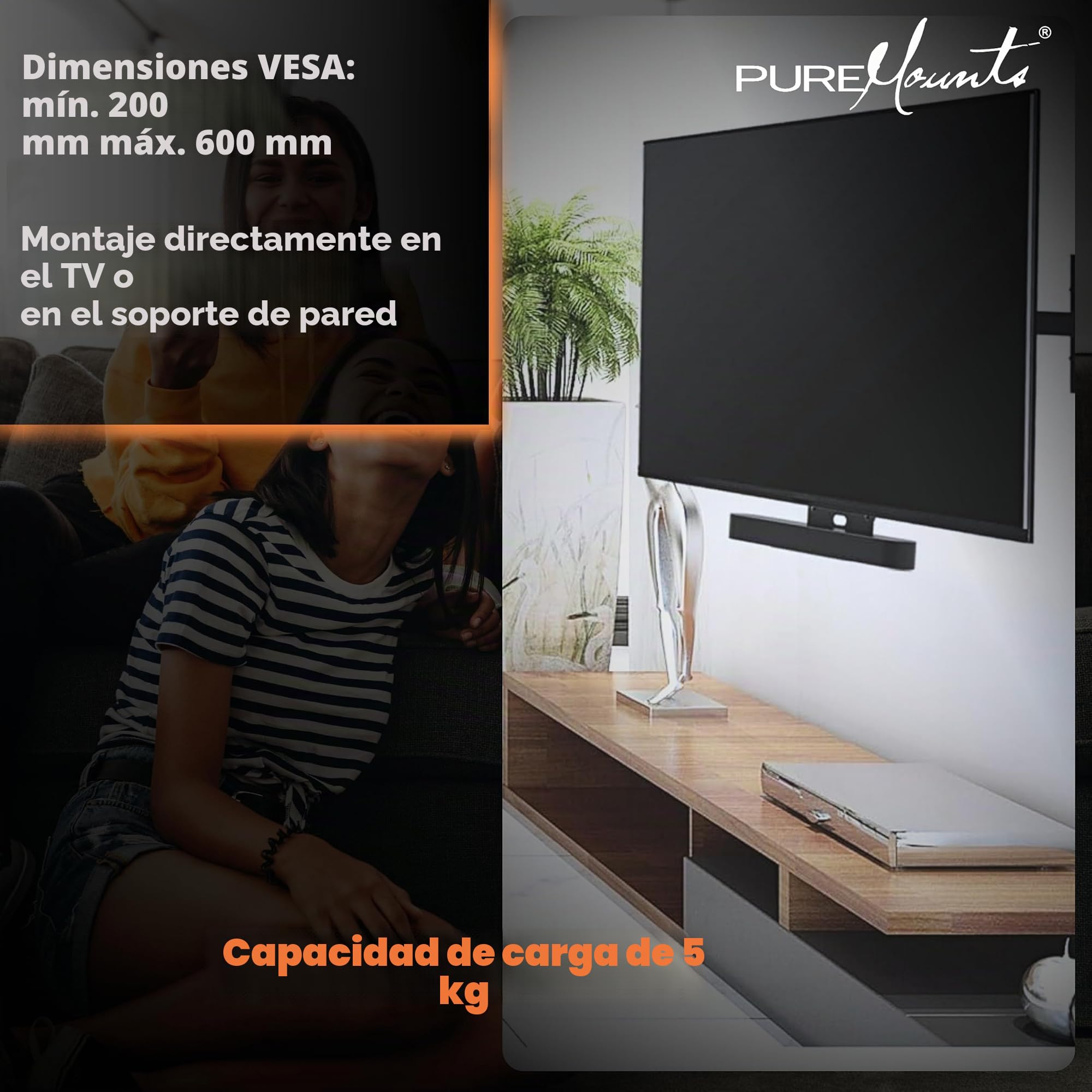 PureMounts PM-SOM-080 para Montaje Directo en TV, Compatible con la Barra de Sonido SONOS Beam, Carga útil: 5 kg, Negro