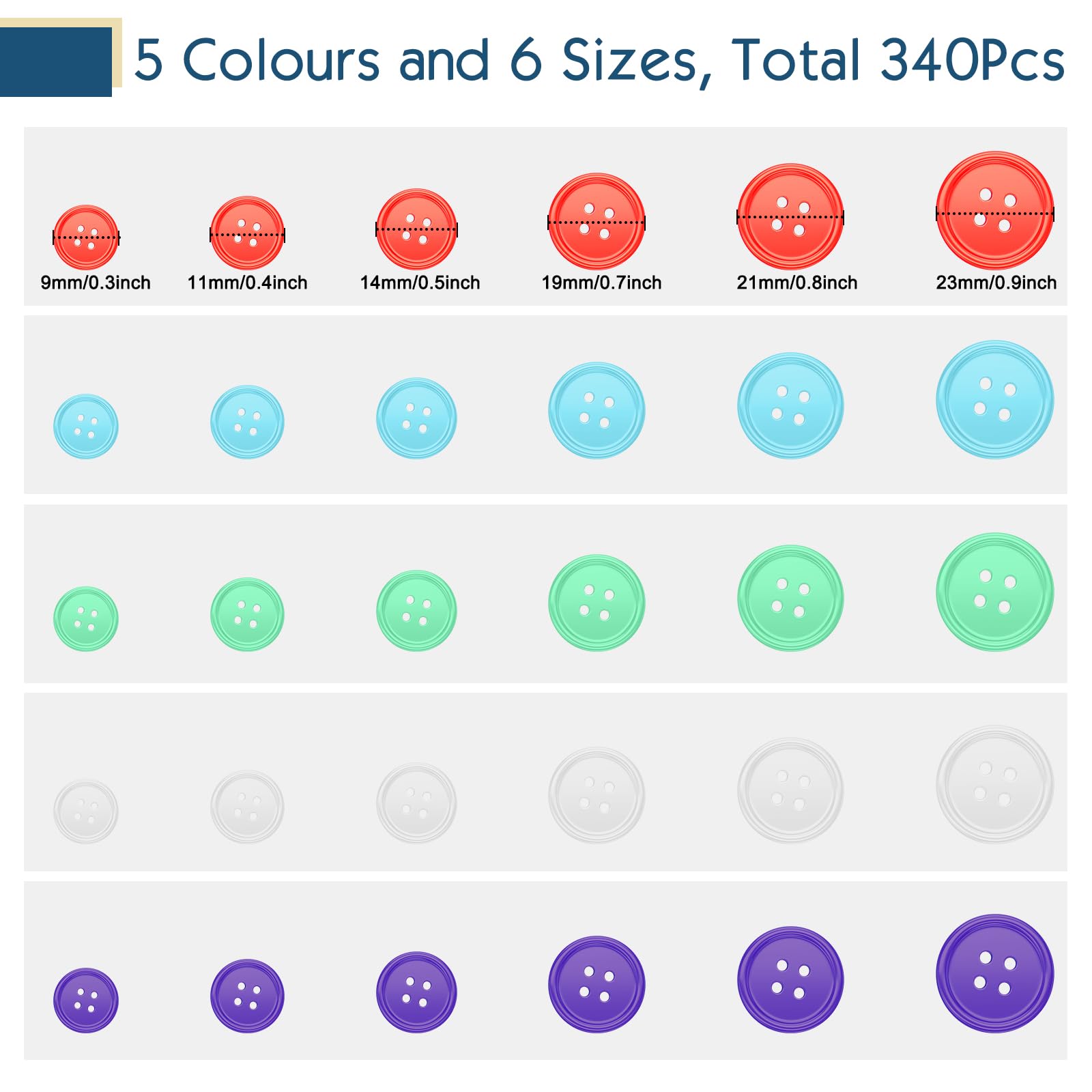 340 Bottoni Colorati In Resina - 5 Colori, 10-23mm - Con Scatola Per Cucito E DIY