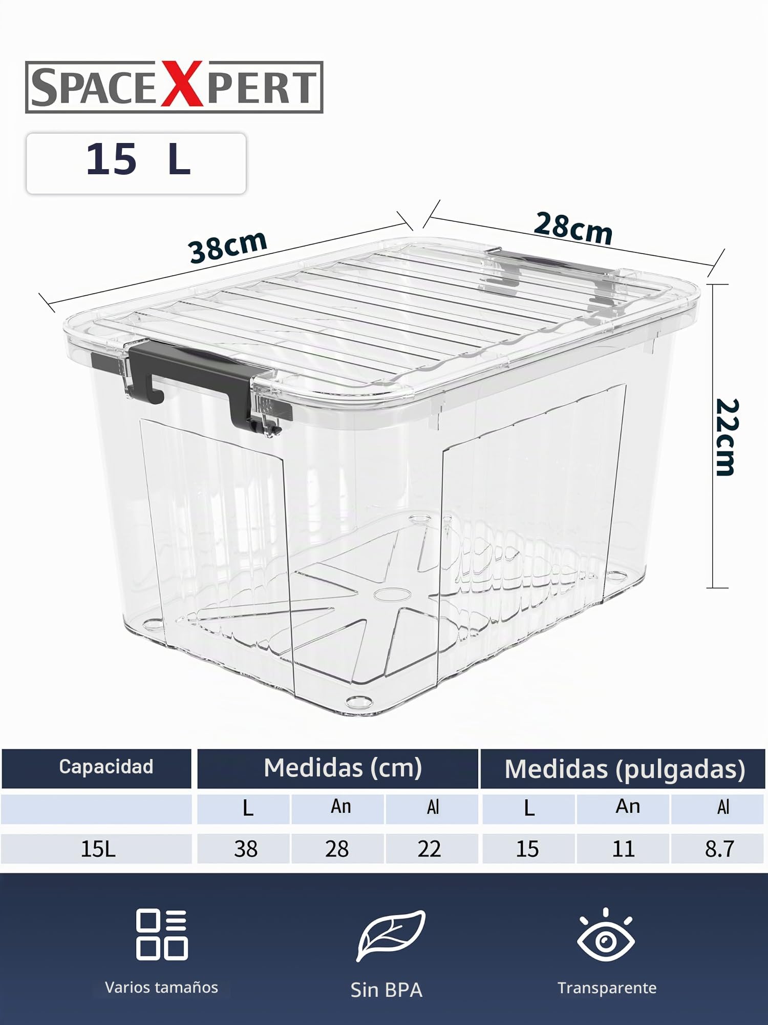Cajas de Almacenamiento de Plástico con Tapa, Diseño Rayado 15L, Contenedor Apilable Resistente para Hogar, Oficina y Garaje, Transparente de PP, Organizador Versátil, 15L (Paquete de 4)