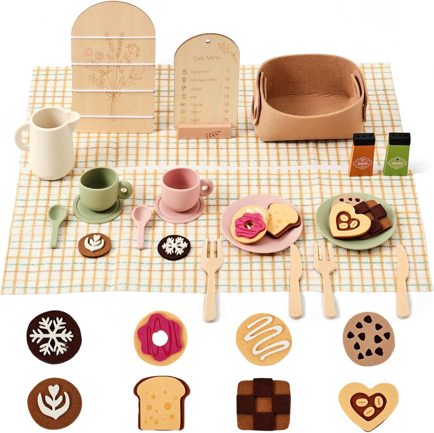 OESSUF Wooden Toy Kitchen Dish Set Wooden Toddler Plates and Cutlery Set Pretend Play Food Toy Afternoon Tea Restaurant kitchen Accessories Dinnerware Toy Set โ image 1