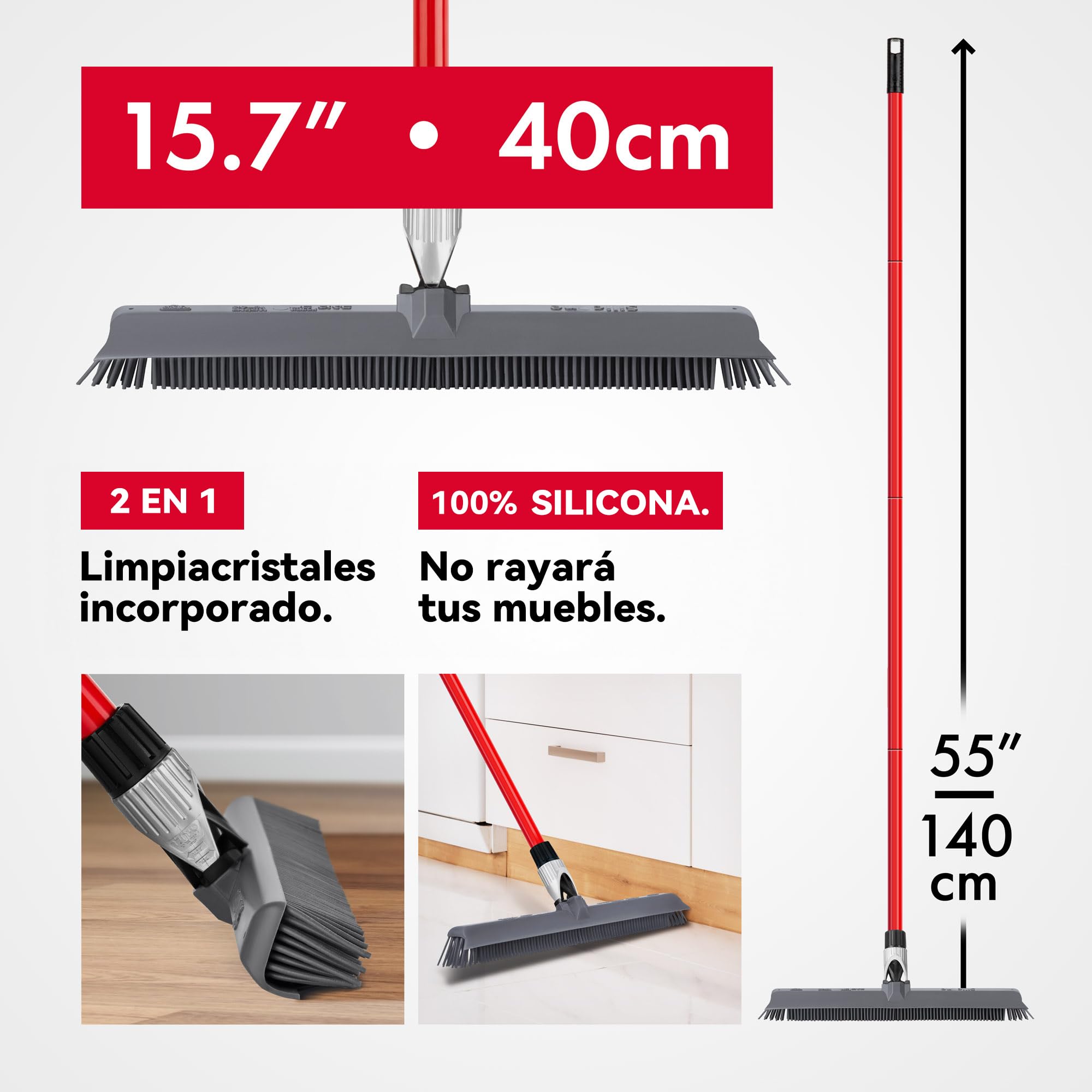Tyroler Escoba de Goma para Suelo y Haragán 2 en 1 | 40 cm Cabezal de Silicona 100% | 140 cm Mango de Aluminio de 4 Piezas para Escoba de Silicona | Escobas Silicone Suelo