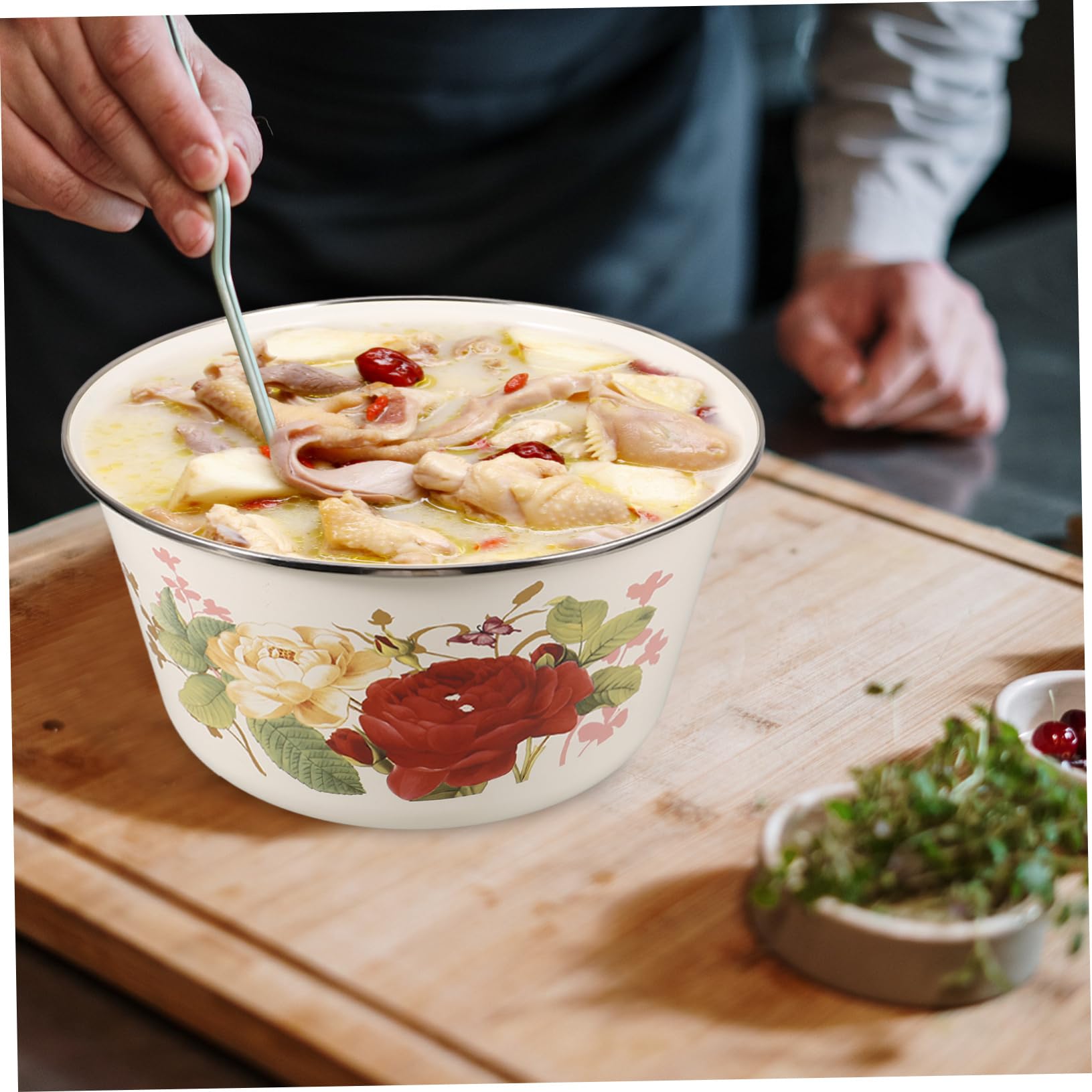 Cabilock Retro Emaille Schüssel mit Deckel Emailliertes Waschbecken aus Dickem Stahl 24cm Große Multifunktions Küchenschüssel für Zuhause Restaurant und Serviergeschirr
