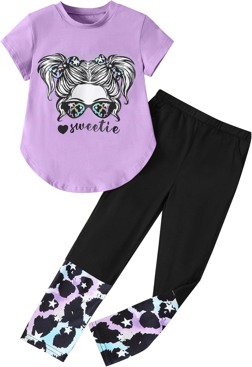 Girls Outfits Short Sleeve Irregular Tops + Camouflage Long Legging Outfits 2PCs Summer Pant Sets 6-14T