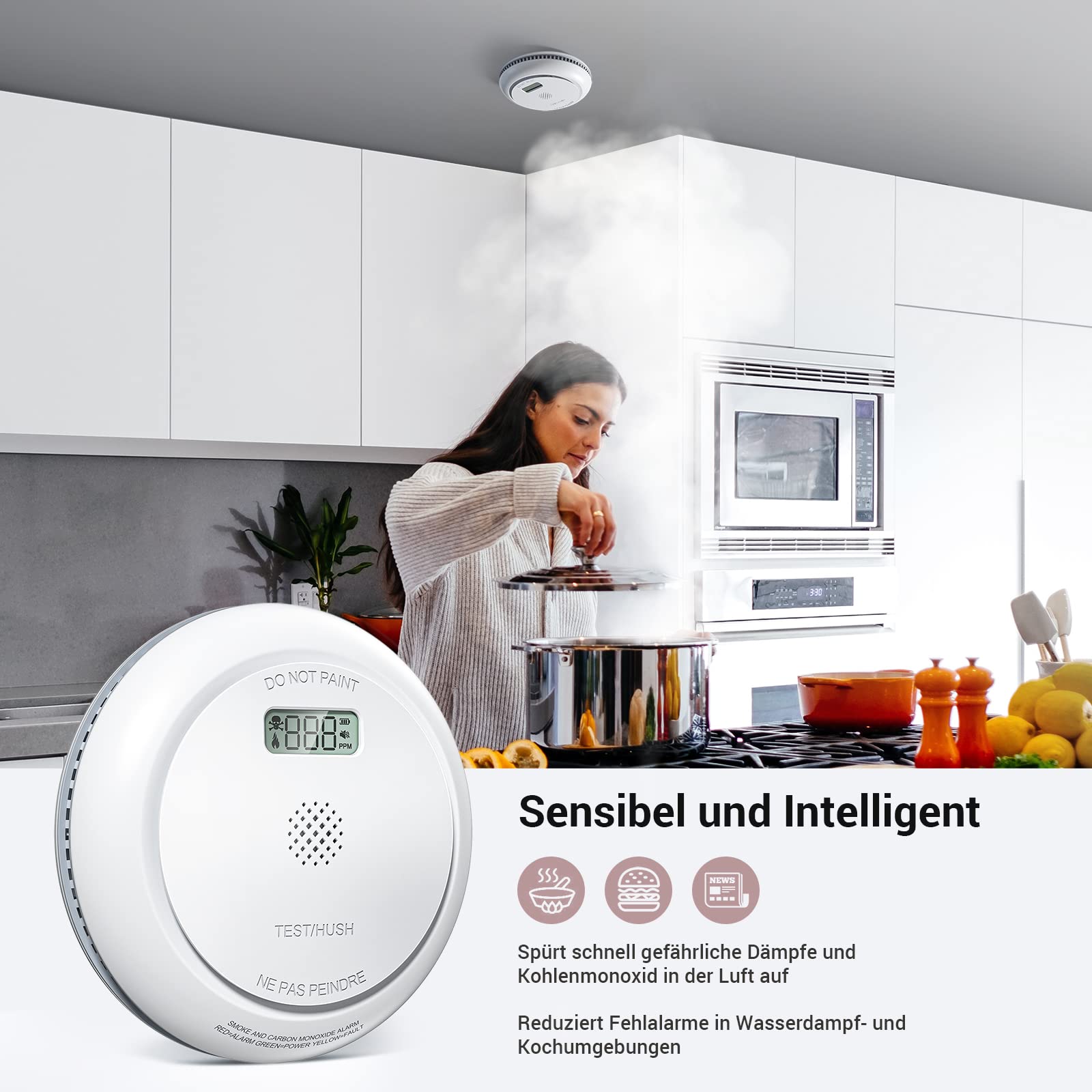 Détecteur de fumée et de monoxyde de carbone avec écran LCD, détecteur combiné de fumée et de monoxyde de carbone avec batterie remplaçable, détecteur de fumée 2 en 1, durée de vie de 10 ans, 1 paquet