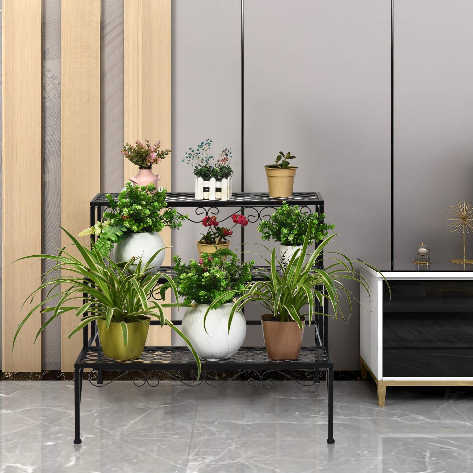 GOPLUS Soporte de metal para plantas, 3 niveles, escalera para flores, escaleras para plantas, para jardín, balcón, negro, 70 x 60 x 60,5 cm (rectangular con diseño)