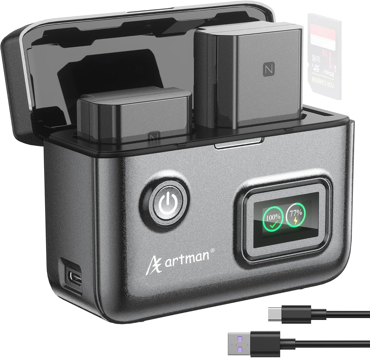 Artman NP-FZ100 Battery 2600mAh 2-Pack and Dual LCD USB-C Charger for Sony ZV-E10II A9III FX3 FX30 ZV-E1 A1 A6600 A6700 A7III A7IV A7C A7CII A7CR A7RIII A7RIV A7RV A7SIII A9 A9II,Smart Percent Display