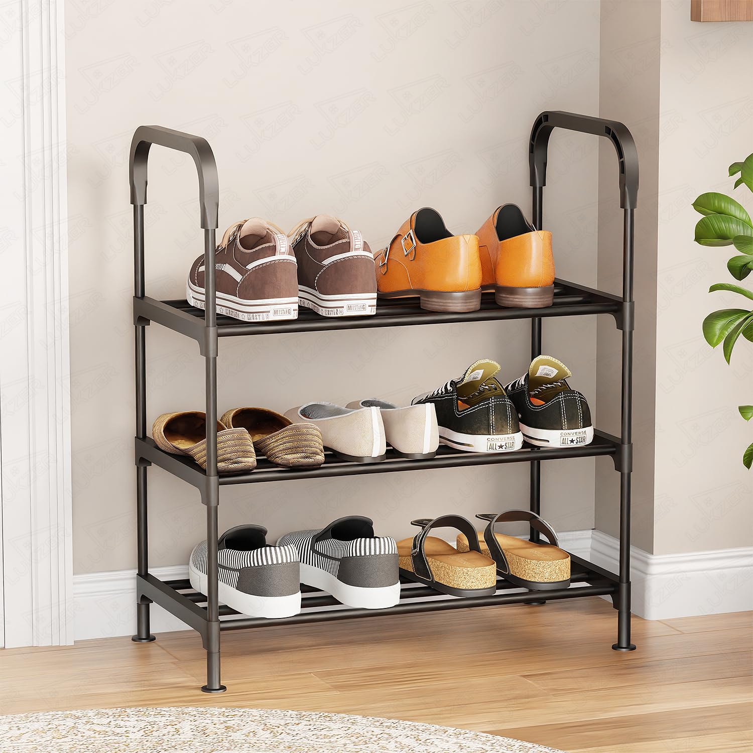 Lukzer MSR-003 3-Tier Shoe Rack Stand for Home | Space-Saving Shoe Organizer for Entryway, Hallway, Closet & Bedroom | Durable Plastic & Metal Shoe Shelf | Black Shoe Storage (68x57x28 cm)