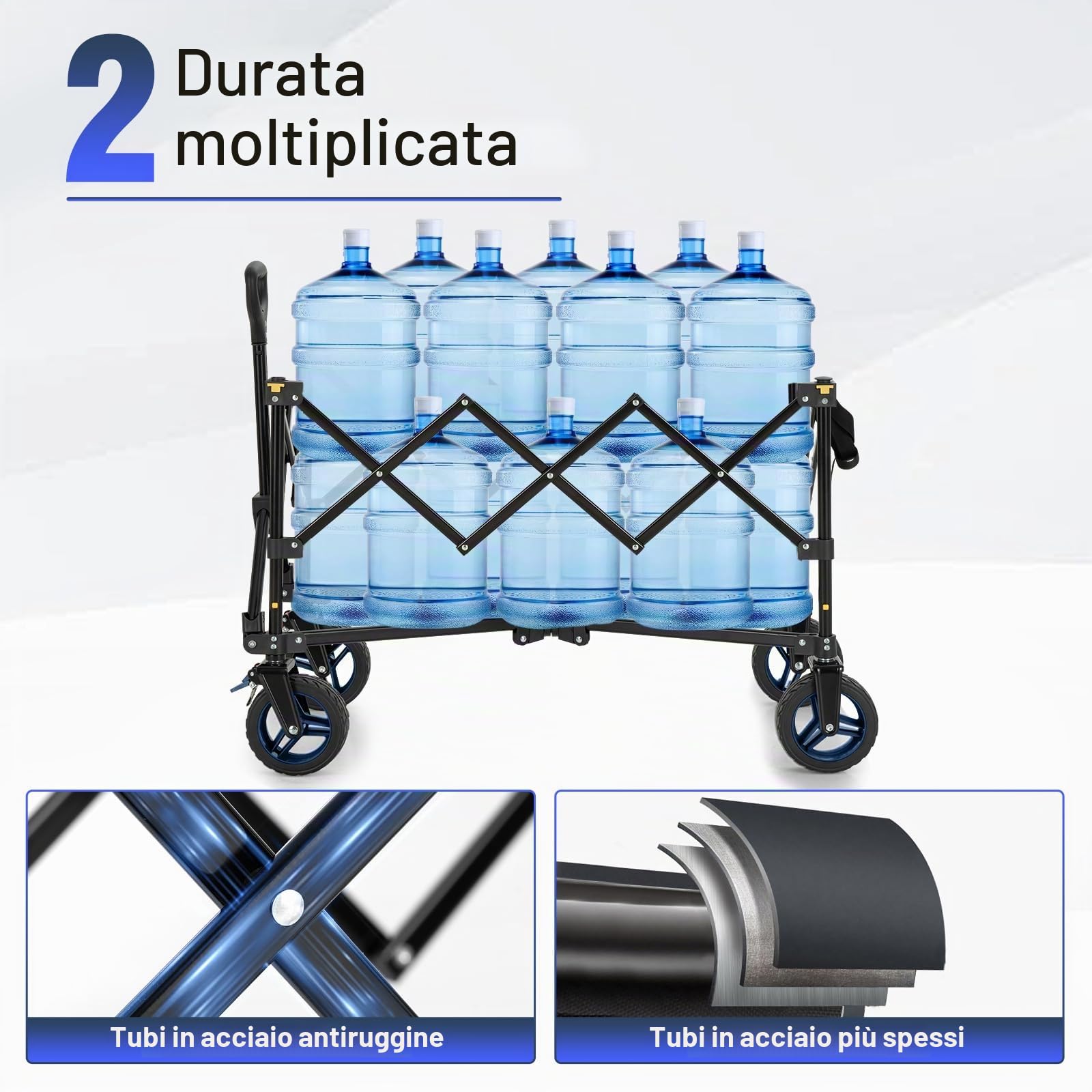 Overmont Carrello da Giardino Pieghevole con Ruote - Carrello da Spiaggia per Tutti i Terreni - Capacità Carico 150kg 150L per Festival Campeggio Picnic Sport Shopping Blu