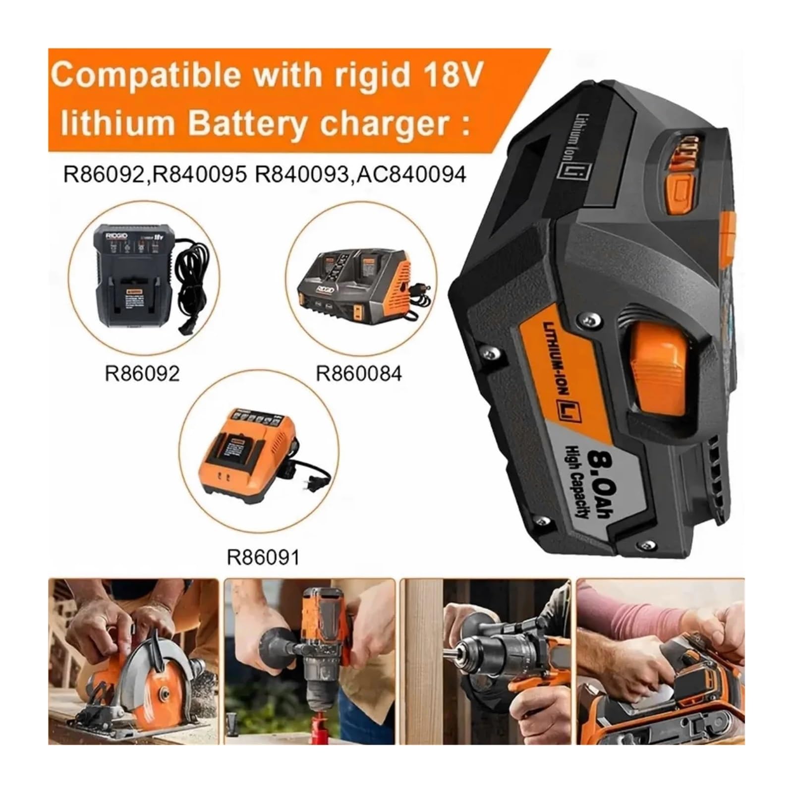 Batería de Litio R840087 18V 8.0Ah, Compatible con RIDGID, 18V R840083, R840085, AC840085 Serie de baterías de Herramientas de Potencia inalámbrica(2pcs)