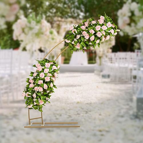 Miniatura 10 de Arco de boda dorado de luna creciente de 7 pies, diseño curvado de metal, soporte de telón de fondo para fotografía, marco de globo de flores, arco