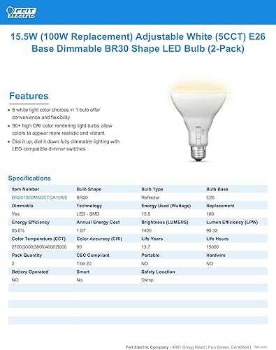 Miniatura 3 de Feit Electric Bombilla LED BR30, equivalente a 100 W, regulable, 5CCT, base mediana E26, 90 CRI, 1400 lúmenes, blanco ajustable, 13 años de vida