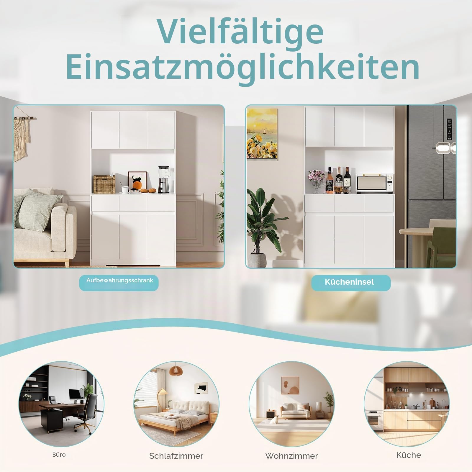 Küchenschrank mit Arbeitsplatte, Buffetschrank mit 4 Steckdose und DIY LED-Beleuchtung, 170cm Küchenschränke, Sideboard mit Schubladen, Vorratsschrank für Küche, Wohnzimmer, Schlafzimmer