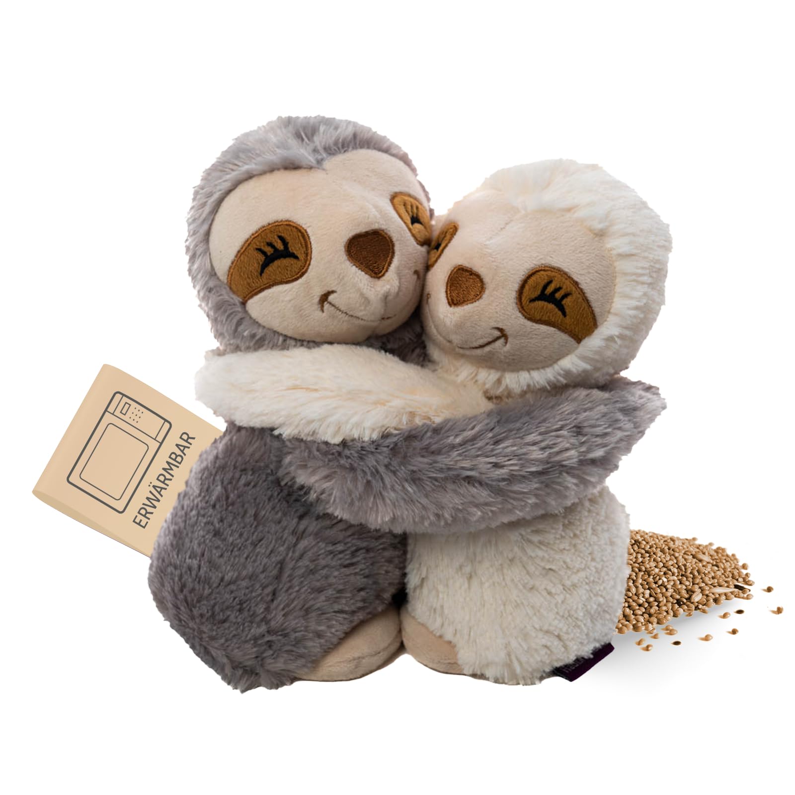Habibi Plush Premium – 1960 Hugys Perezoso Mamá (Gris) + Niño (Crema), con cojín de grano extraíble – Cojín térmico para calentar en microondas o horno