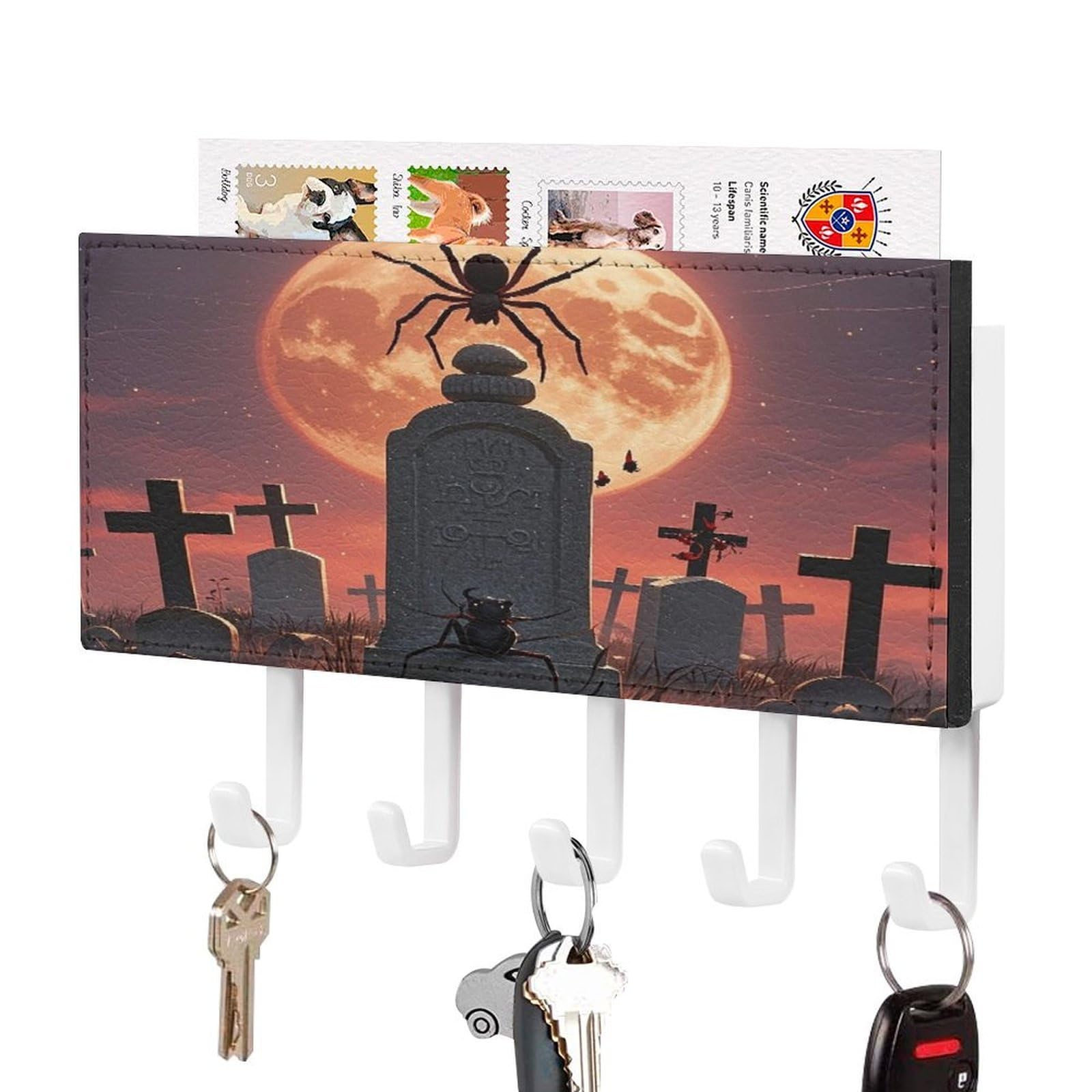 FekiLoot Spider Graveyard Key Holder Wall Mount Key Hooks for Wall Decorative with 5 Hooks PU Mail Rack Organizer with Shelf for Entryway Mudroom Hallway Office 7.1X4.3 in