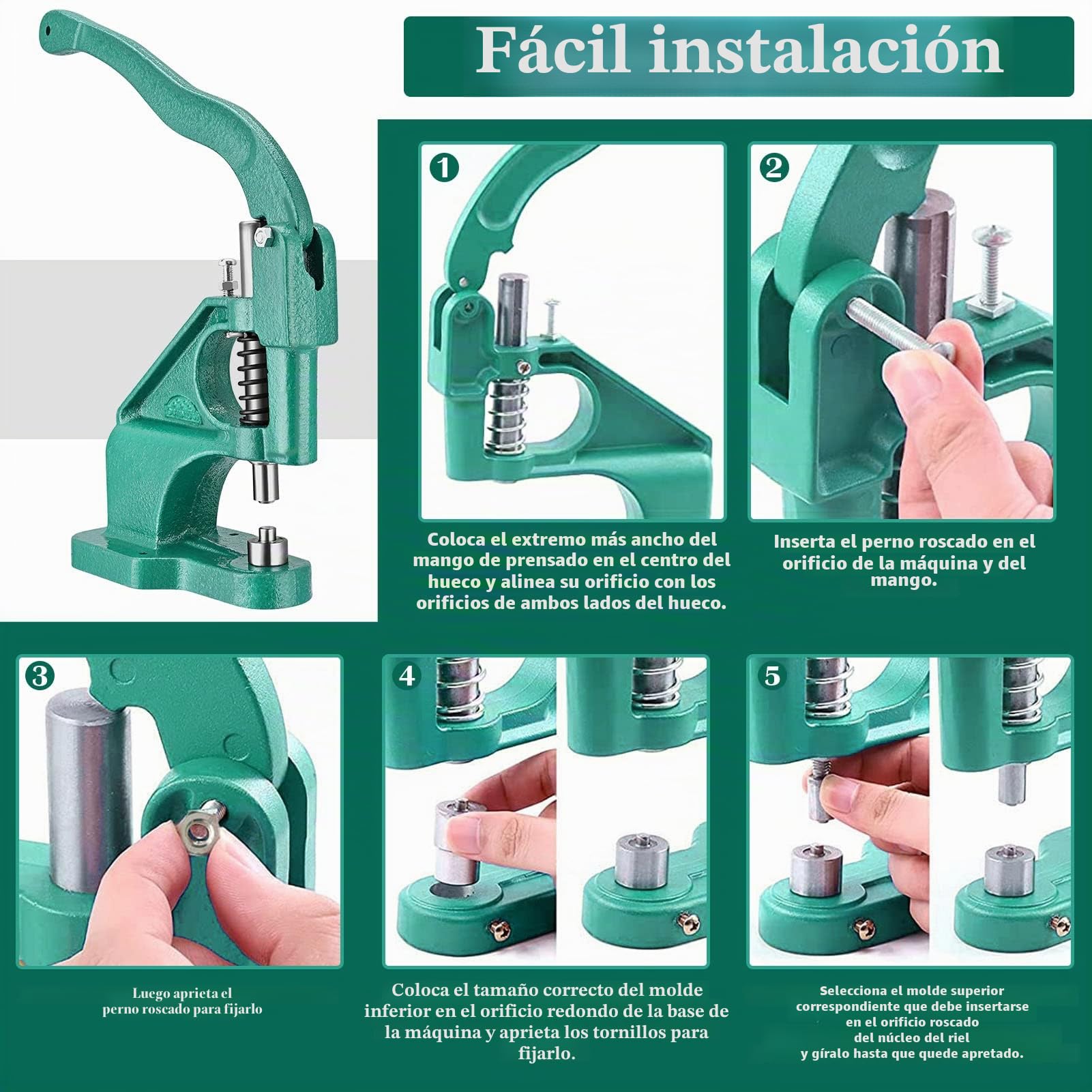 Máquina de ojales, 3 troqueles, 6 /10 /12mm, prensadora de ojales con 1500 ojales, para ojales, remaches, tejidos, cortinas de piel