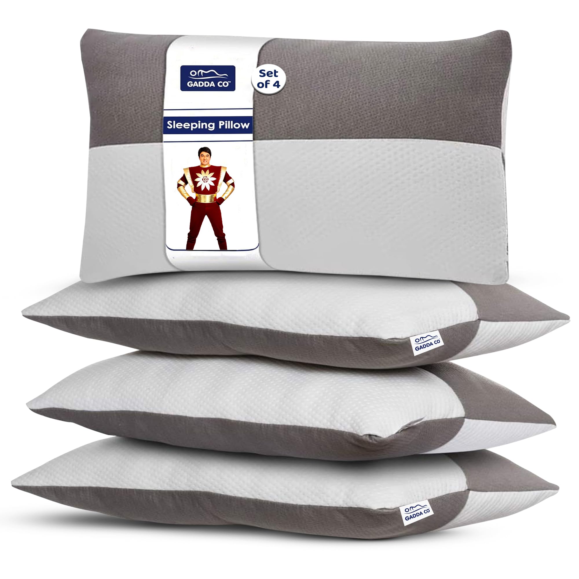 GADDA CO Hollow Sleeping Fiber Pillow with Zip | Set of 4| Height Adjustable Sleeping Bed Pillow, Soft and Fluffy | White and Grey, Standard Size with 3 Months Warranty