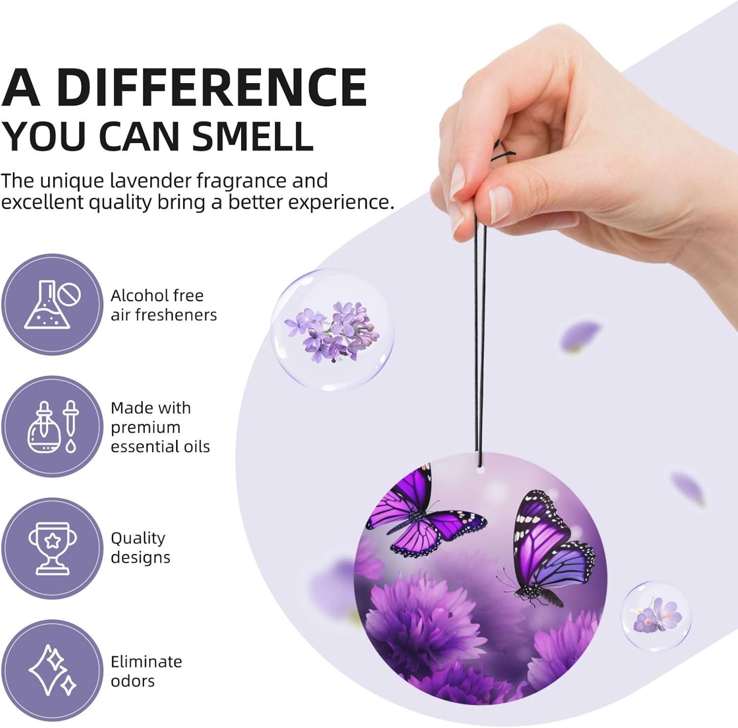 Car Air Freshener 24 PCS Purple Flower Butterflies Hanging Car Air Fresheners Auto Interior Decor Card Freshener Strong Scented Card Lavender Cars Scents for Office Bedroom Close Drawer Round Shape