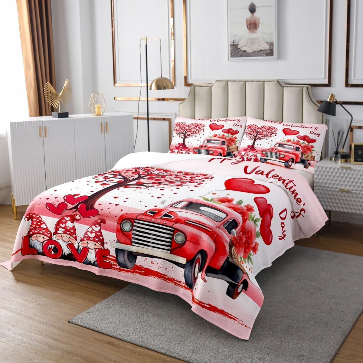 Erosebridal Romantic Bedspread Queen Size Valentines Day Quilt Set Cute Heart Tree Coverlet Set Black and Red Plaid Bedding Cute Valentines Gnome Bed Cover Rustic Farmhouse Anniversary Decor