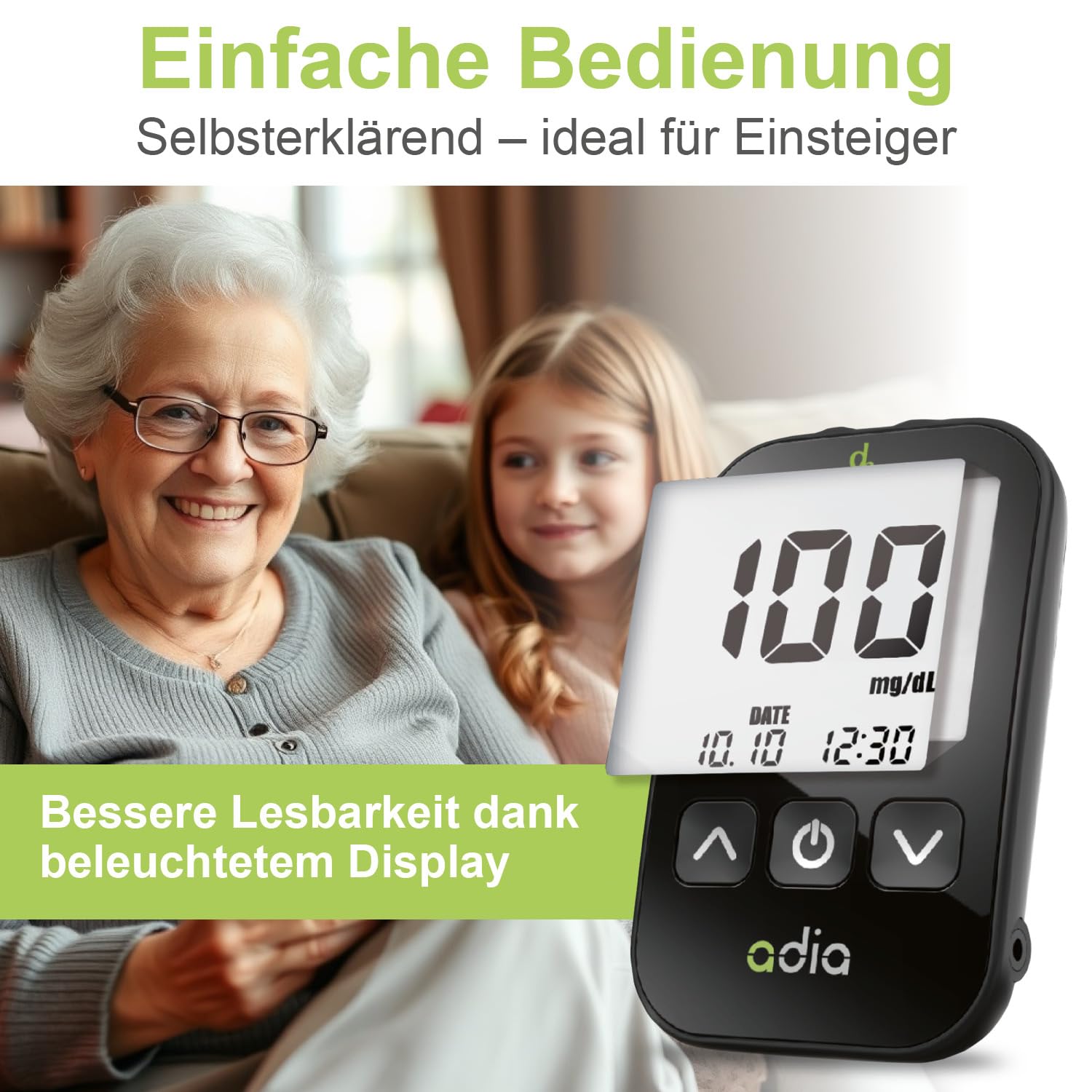 adia Blutzuckermessgerät Sparset inkl. 60 Teststreifen, 10 Lanzetten, 1 Stechhilfe. 1 Etui (mg/dL - Standard-Maßeinheit)