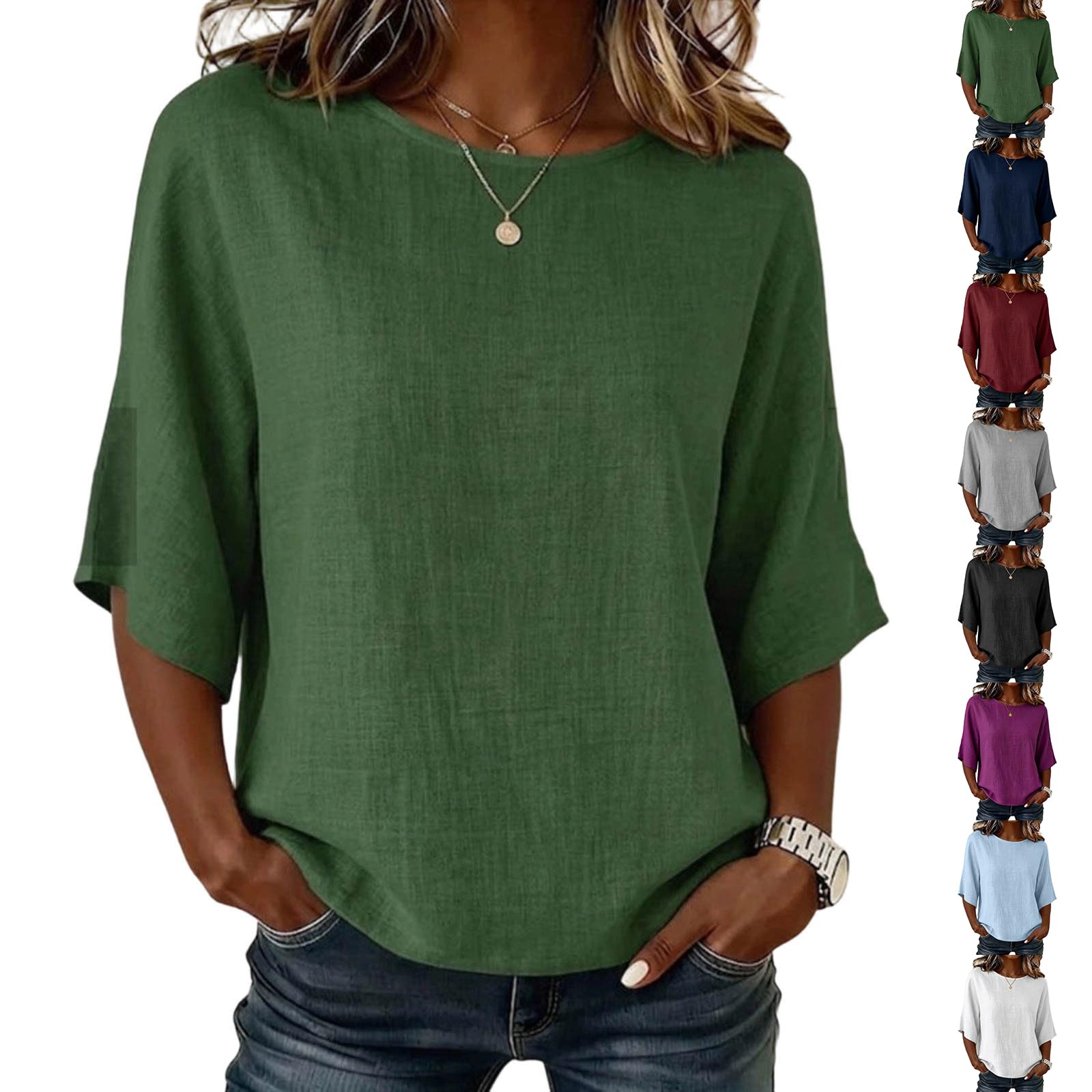 T-Shirt Femme Manche 3/4 Haut Chic Élégant Tunique Ample Fluide Couleur Unie Blouse Décontractée Coupe Droite en Maille Légère pour Look Quotidien Casual