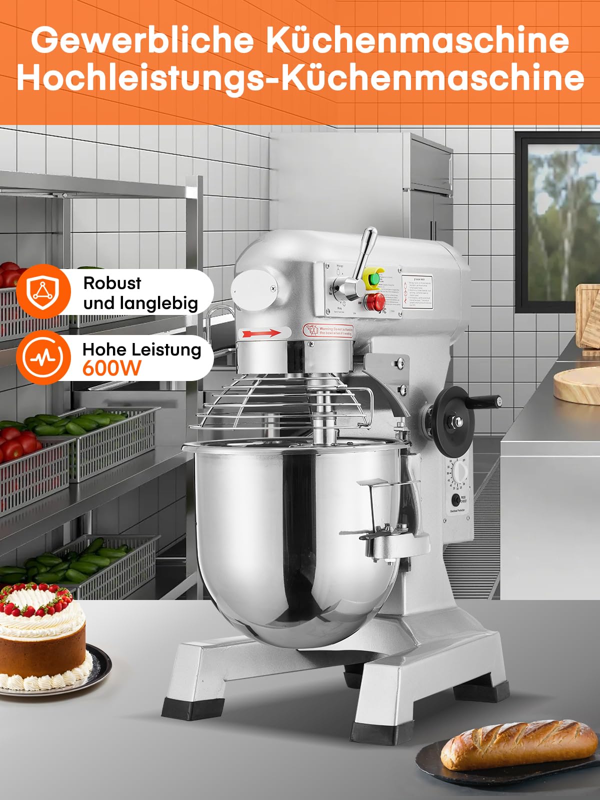 Profi Teigknetmaschine 15L mit Planetenrührwerk 600W Starkleistung (3 Stufen 135, 220, 409 U/min), inkl Edelstahl-Rührschüssel, Knethaken & Schneebesen für Bäckerei, Gastronomie & Haushalt