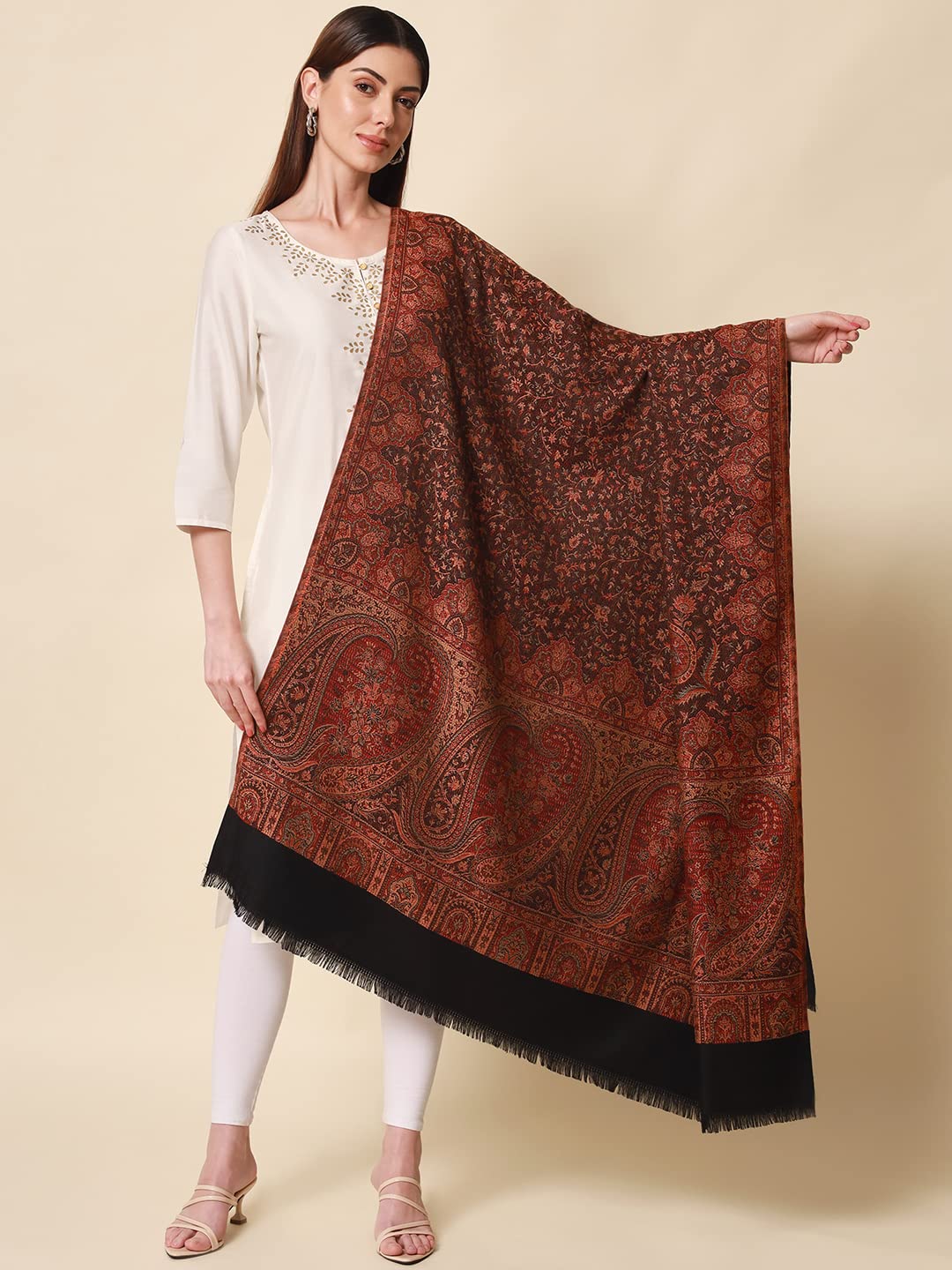 Pashmoda- Women's Faux Pashmina Jamawar Shawl, Wrap (SIZE: 40X80 Inches) (Black) 1