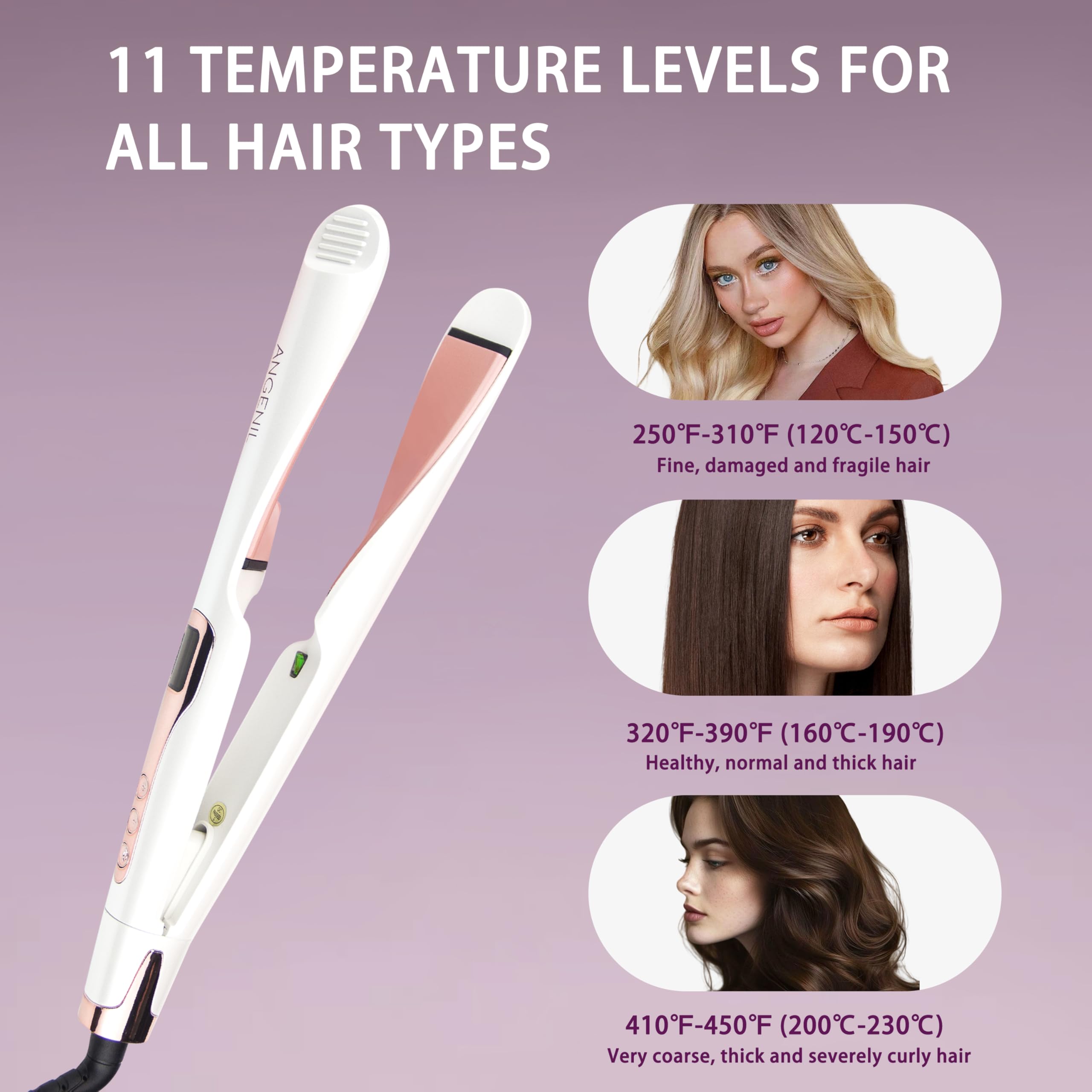 ANGENIL Pro Lisseur Twist pour femme, fer à lisser et boucler en céramique 2 en 1, double tension avec tapis en silicone résistant à la chaleur, écran LCD, température réglable de 130 à 230 °C