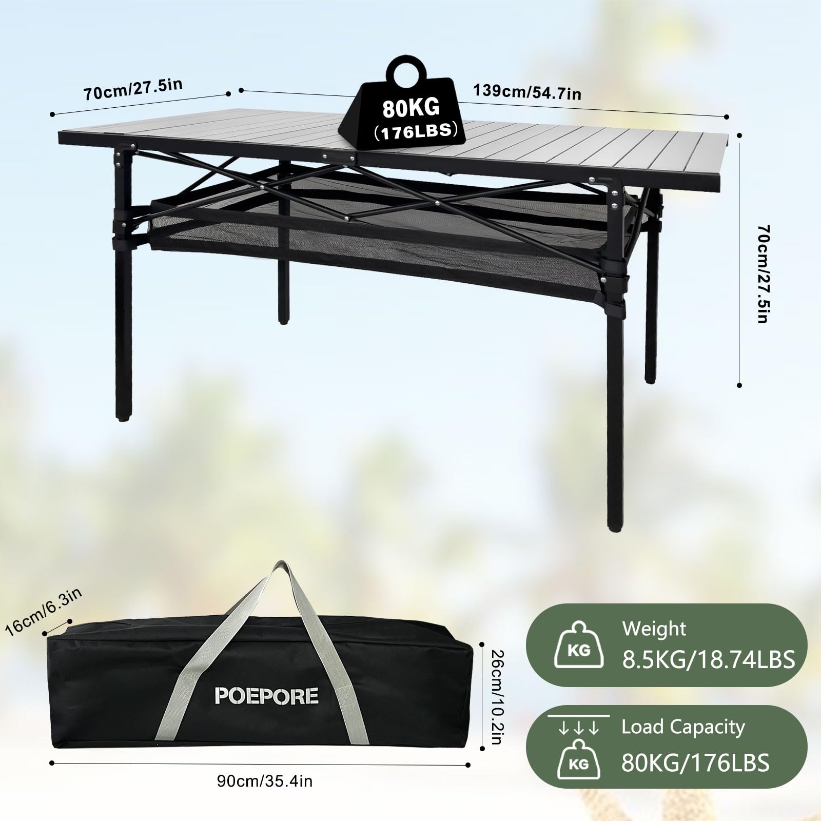 Duży aluminiowy składany stół kempingowy z miejscem do przechowywania, 137 x 60 cm, dla 4-6 osób, wysoki, przenośny, zwijany, lekki, z torbą do przenoszenia, na piknik, grill, podwórko, plażę